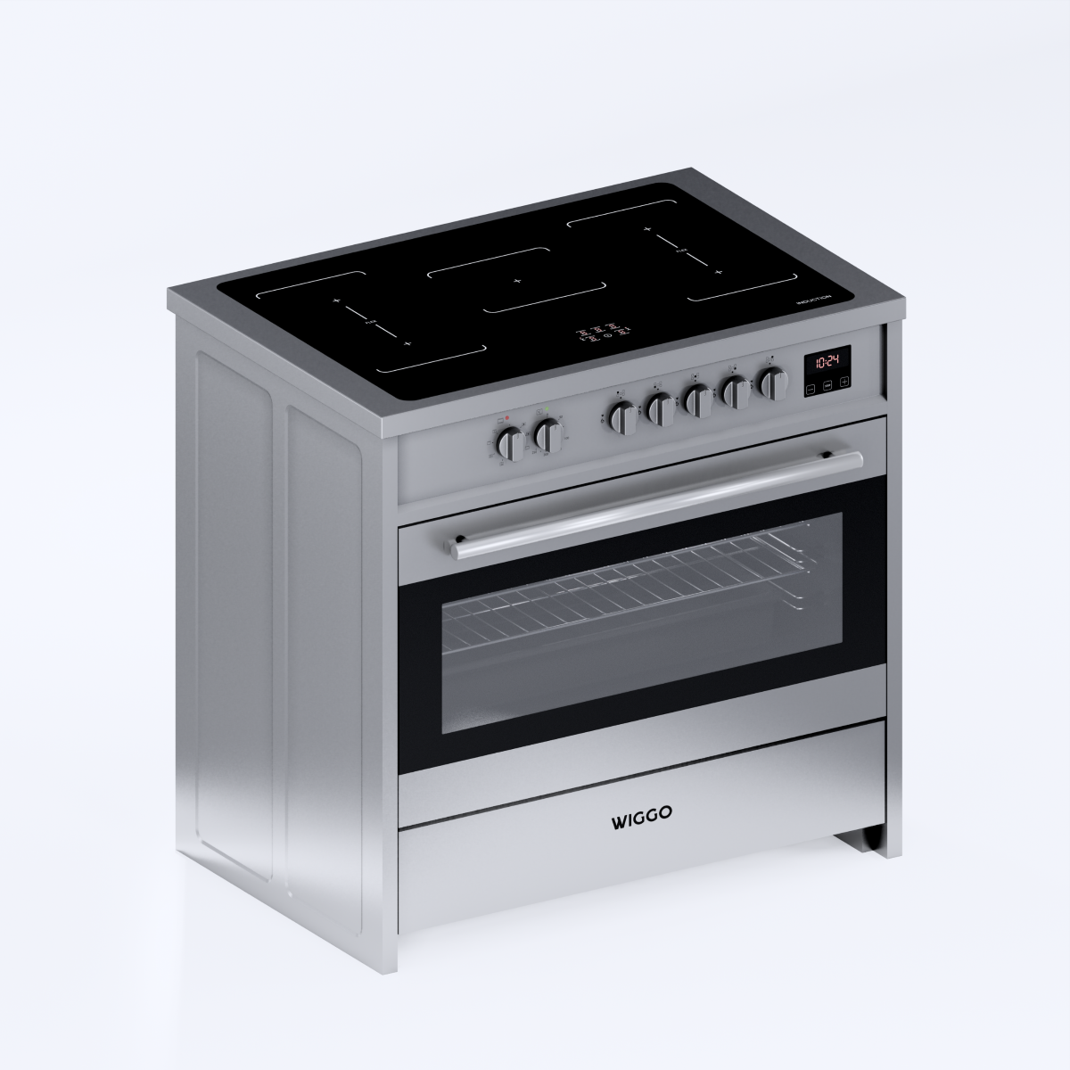 Silver stove with induction hob, oven door with glass window, and a drawer.