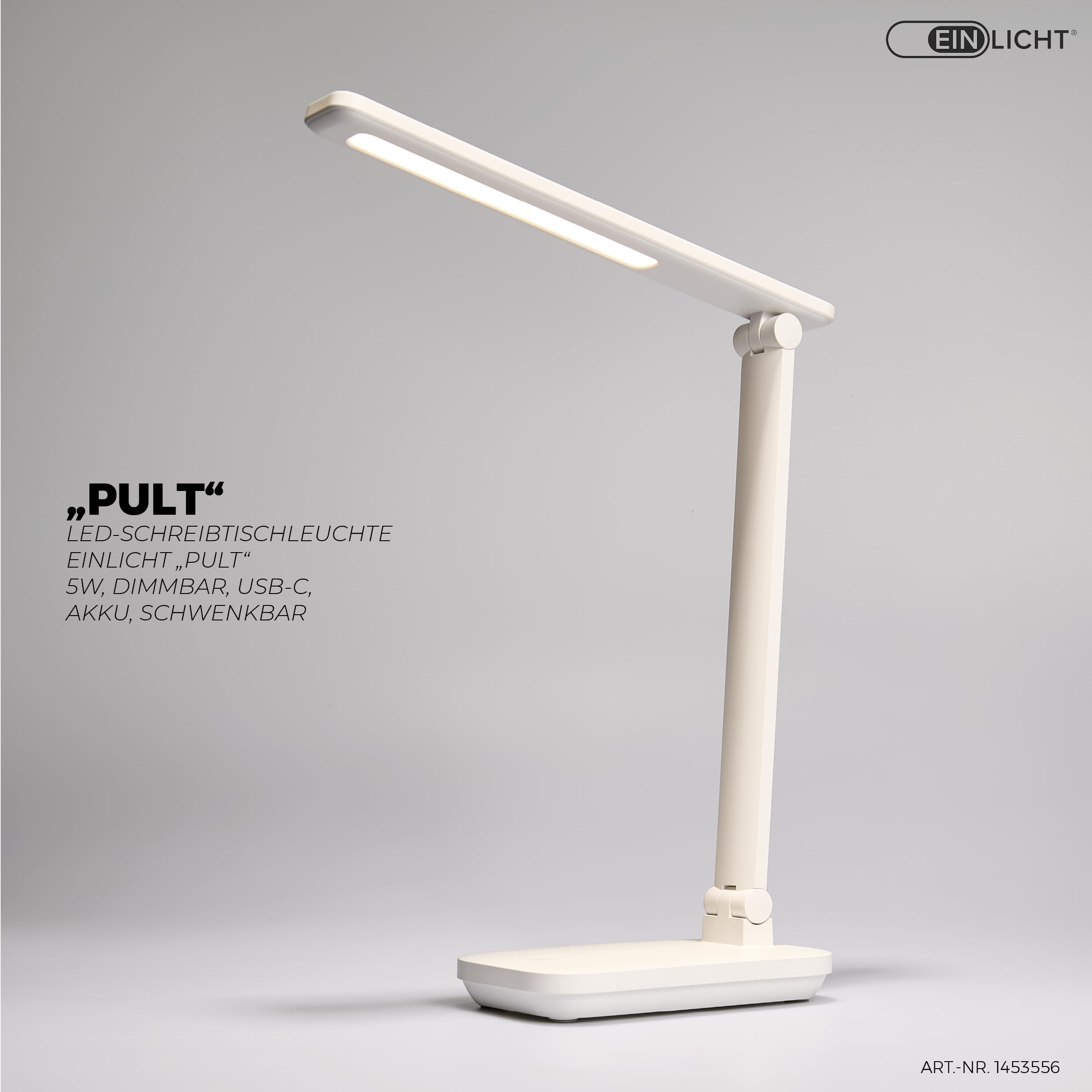 Eine weiße LED-Schreibtischlampe mit schwenkbarem Arm und hellem Licht.