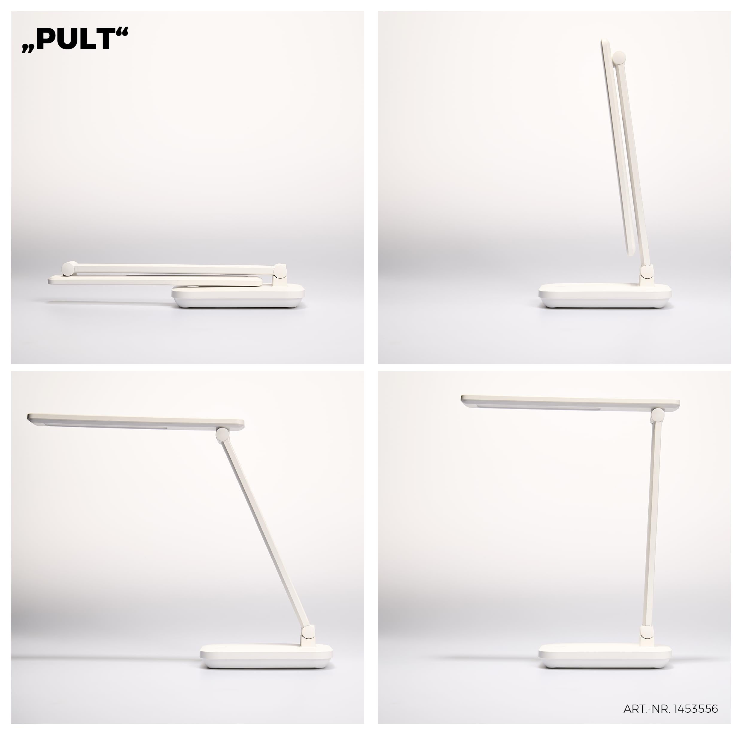 Ein weißer Schreibtischlampe in verschiedenen Positionen.