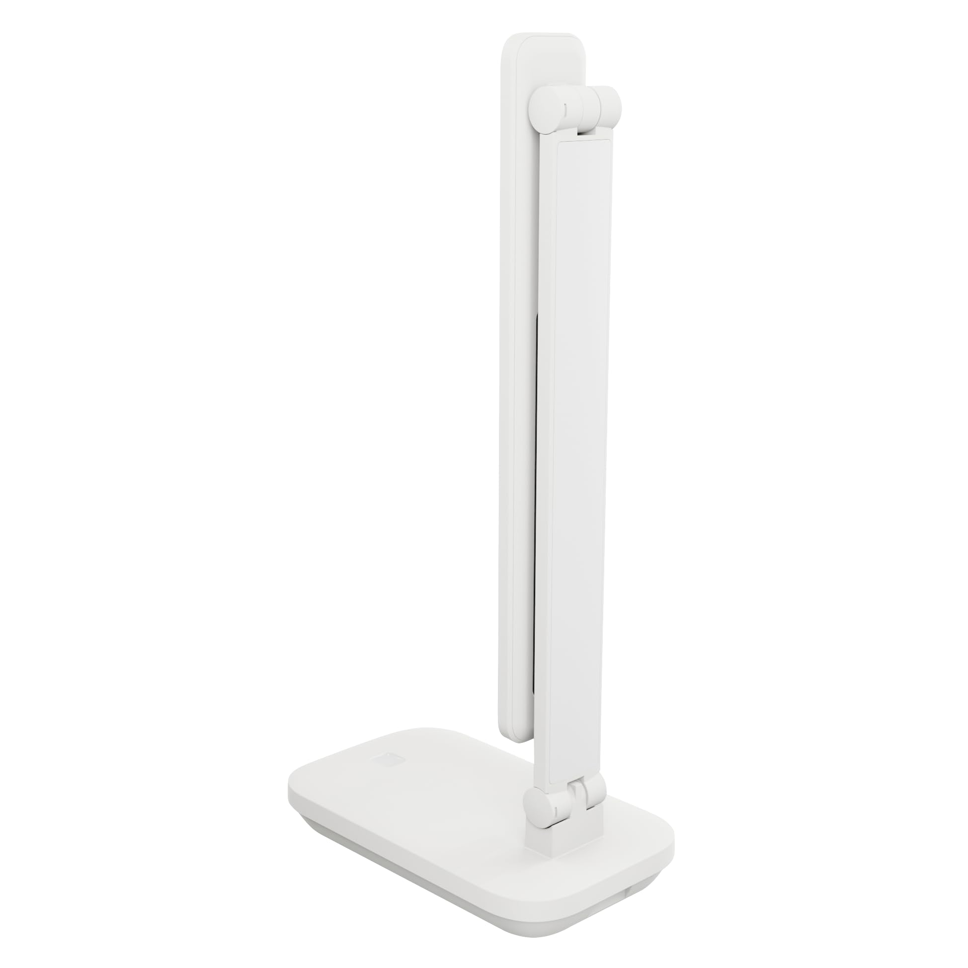 Eine weiße, moderne Schreibtischlampe mit flexiblem Arm und rechteckigem Lampenkopf.