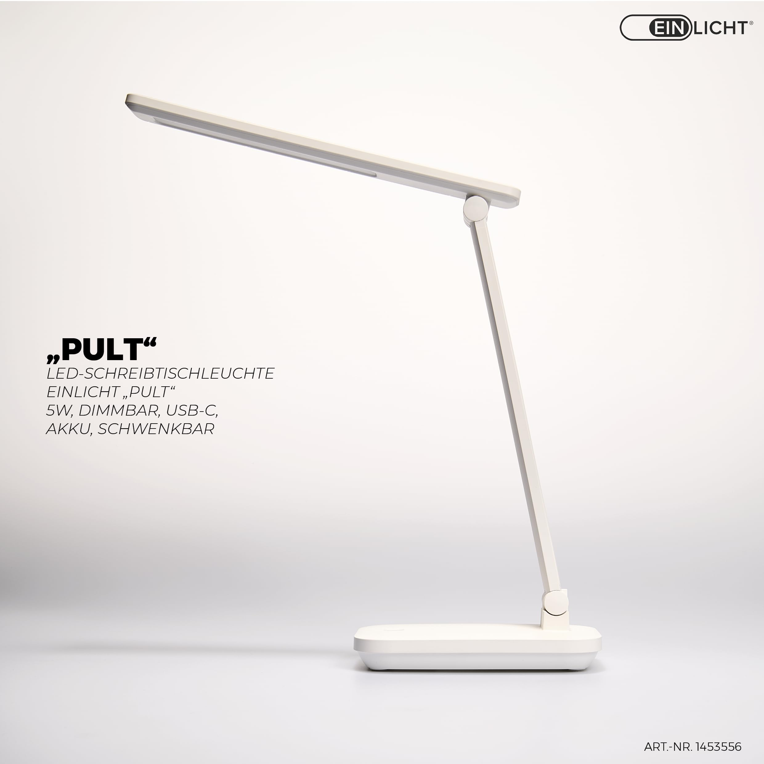 Eine weiße LED-Schreibtischlampe namens „PULT“ steht auf einem Sockel.