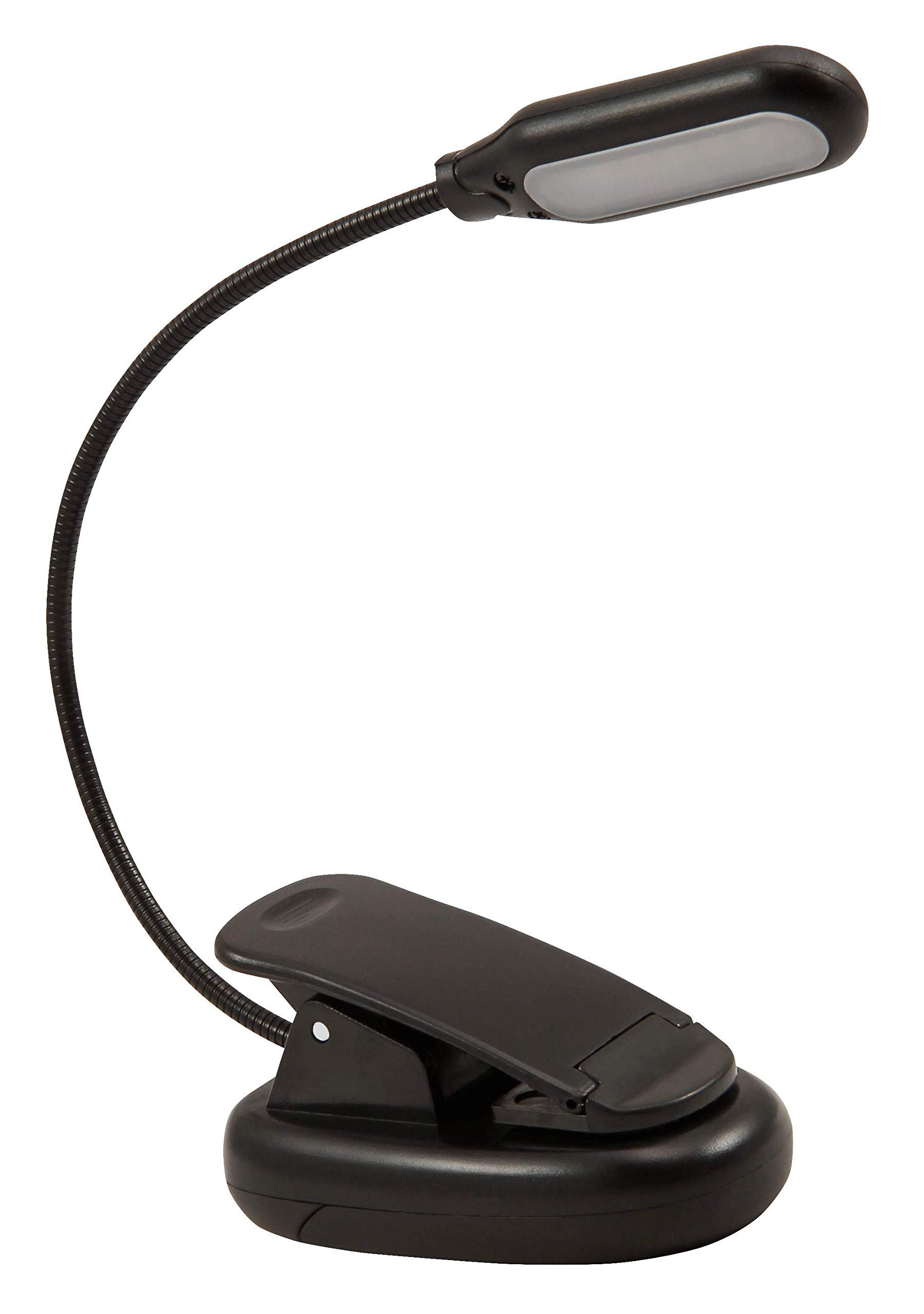 Eine schwarze Klemmleuchte mit flexiblem Hals und LED-Licht.