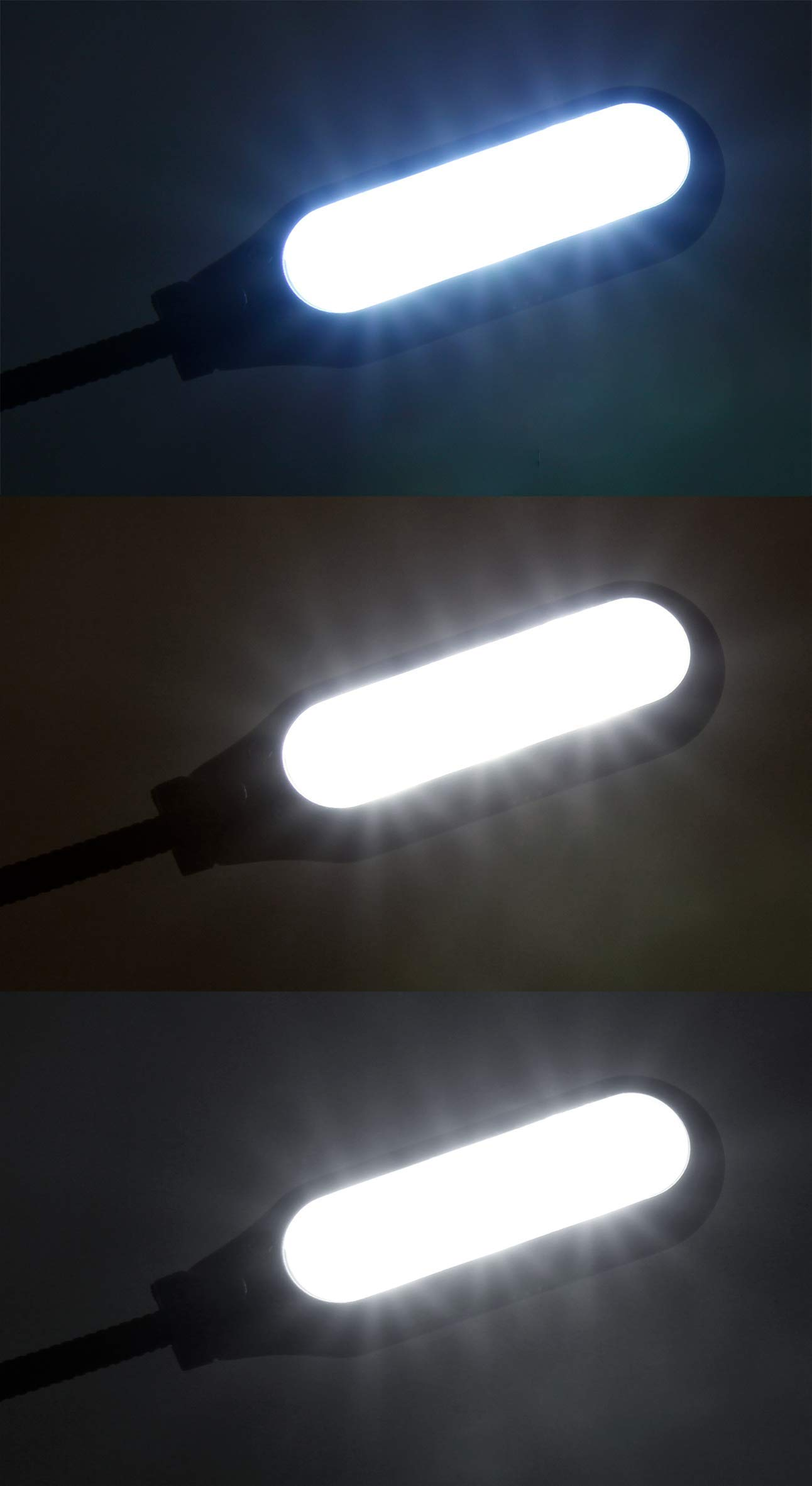Drei Bilder einer ovalen LED-Lampe, die in verschiedenen Helligkeitsstufen leuchtet.
