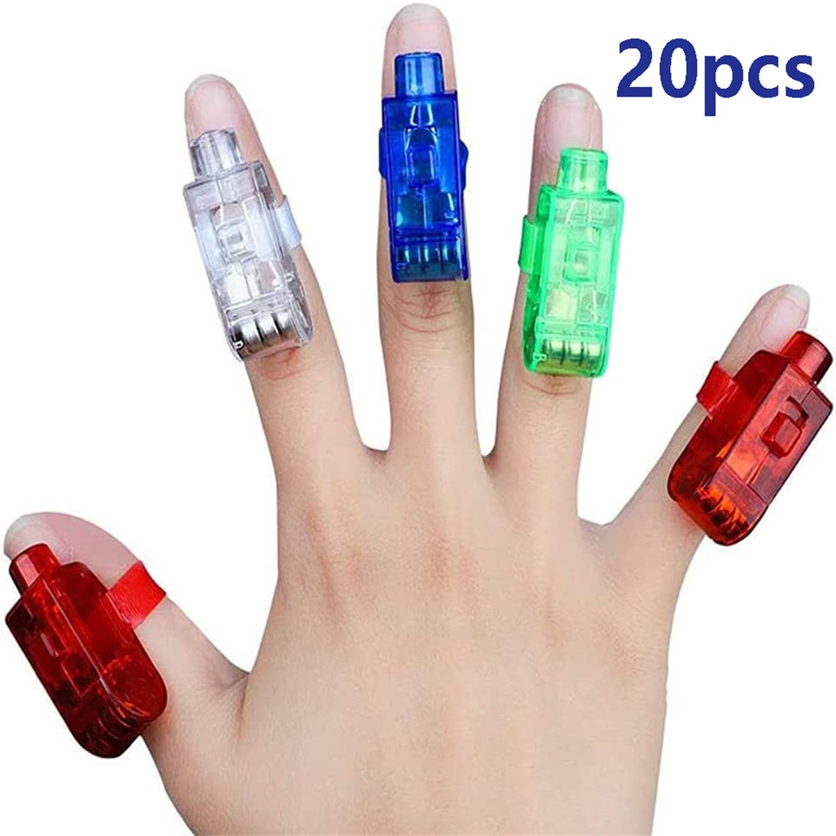Eine Hand mit fünf Fingern, an denen bunte LED-Ringe angebracht sind.