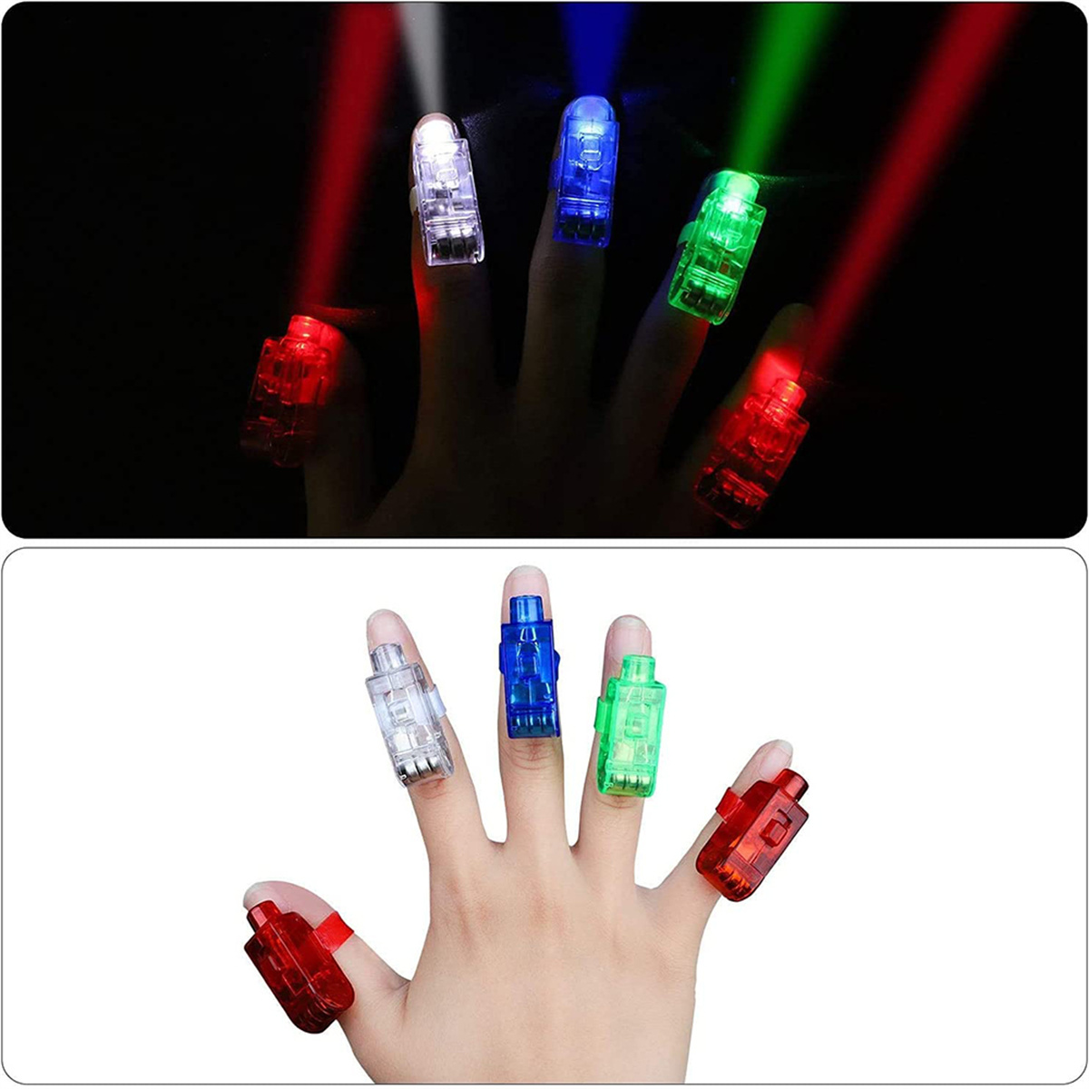 Fingerringe mit bunten Lichtern auf einer Hand