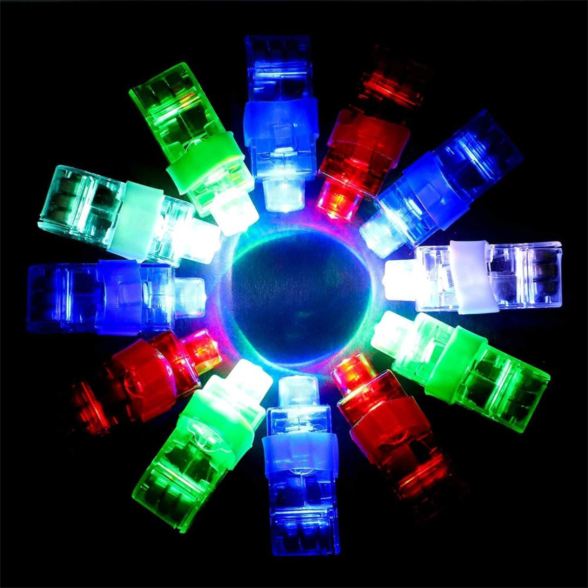 Bunte LED-Fingerlichter leuchten in einem Kreis auf schwarzem Hintergrund.
