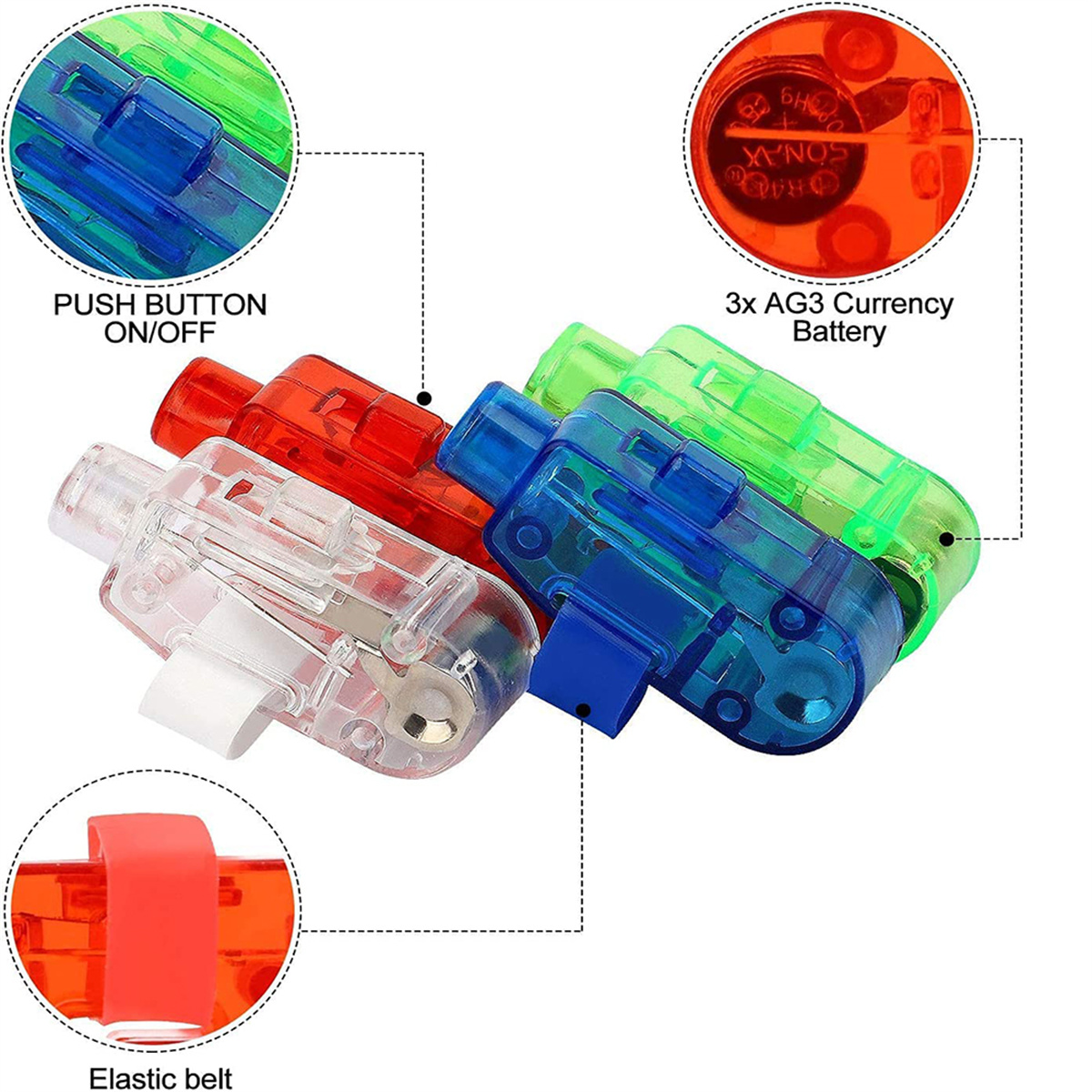 Vier bunte Finger-Lesezeichen: transparent, rot, blau, grün. Mit Batteriefach.