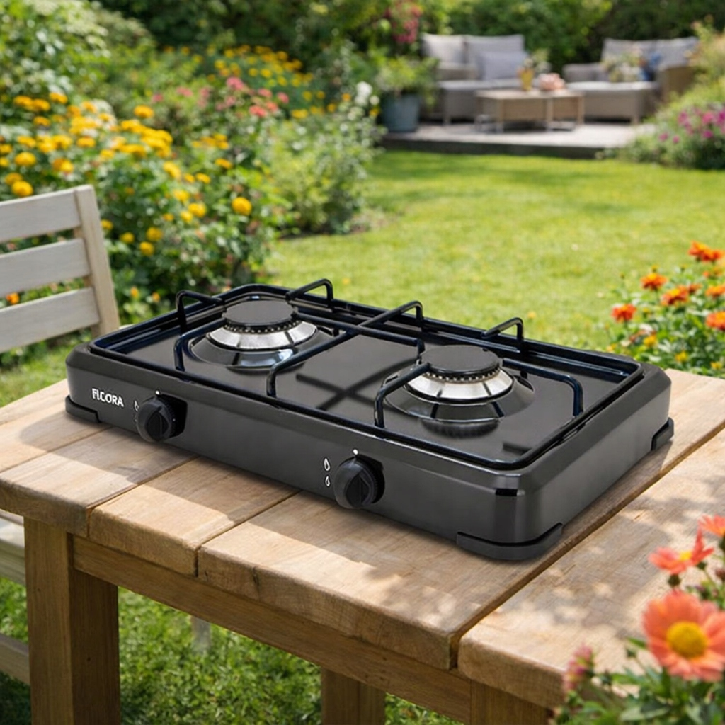 Czarna przenośna kuchenka turystyczna na drewnianym stole w ogrodzie.