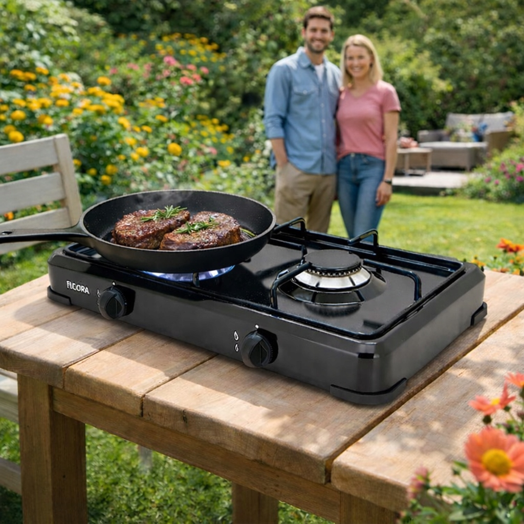 Para grilluje steki na zewnątrz na przenośnej kuchence. Kwiaty i ogród w tle.