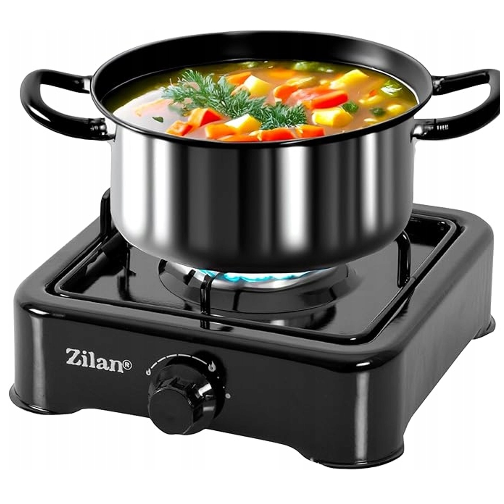 Garnek zupy warzywnej gotuje się na czarnej kuchence gazowej.