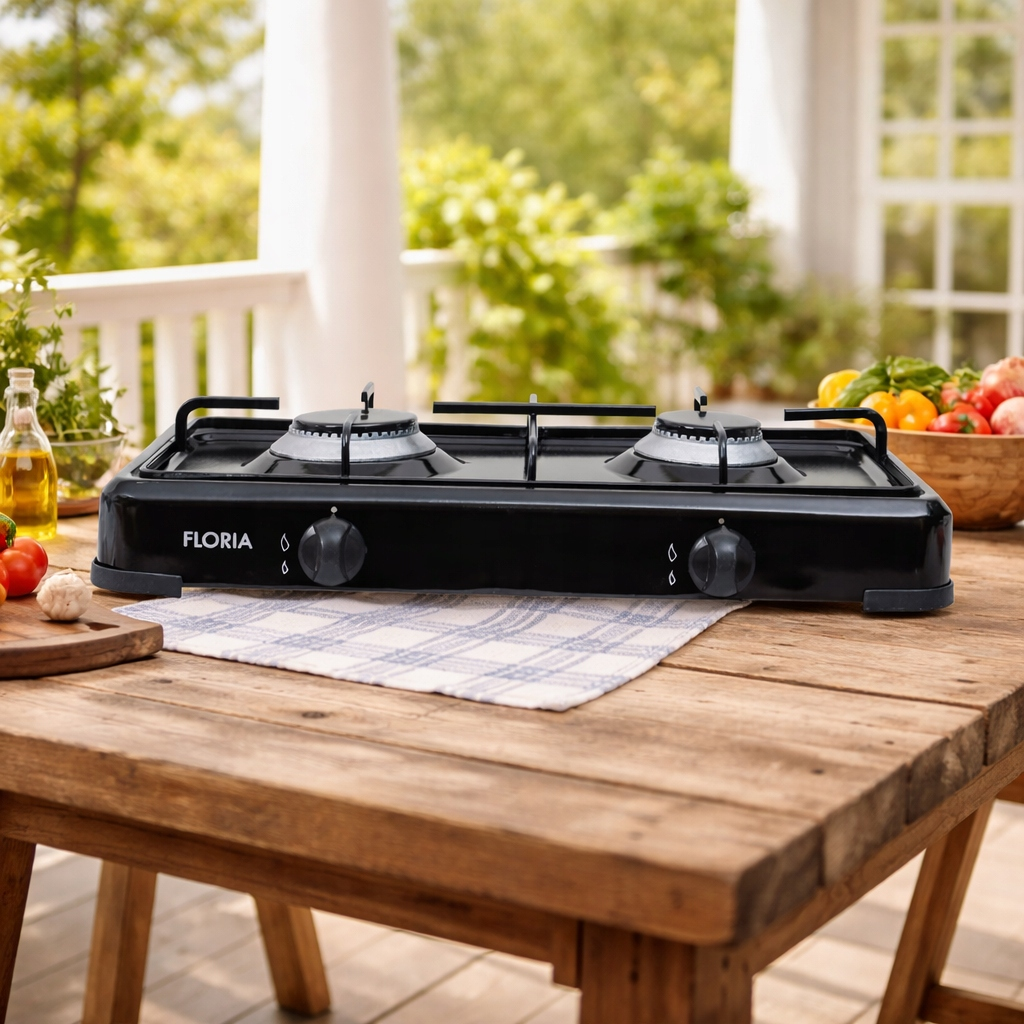 Czarna kuchenka gazowa z dwoma palnikami stoi na drewnianym stole na zewnątrz.