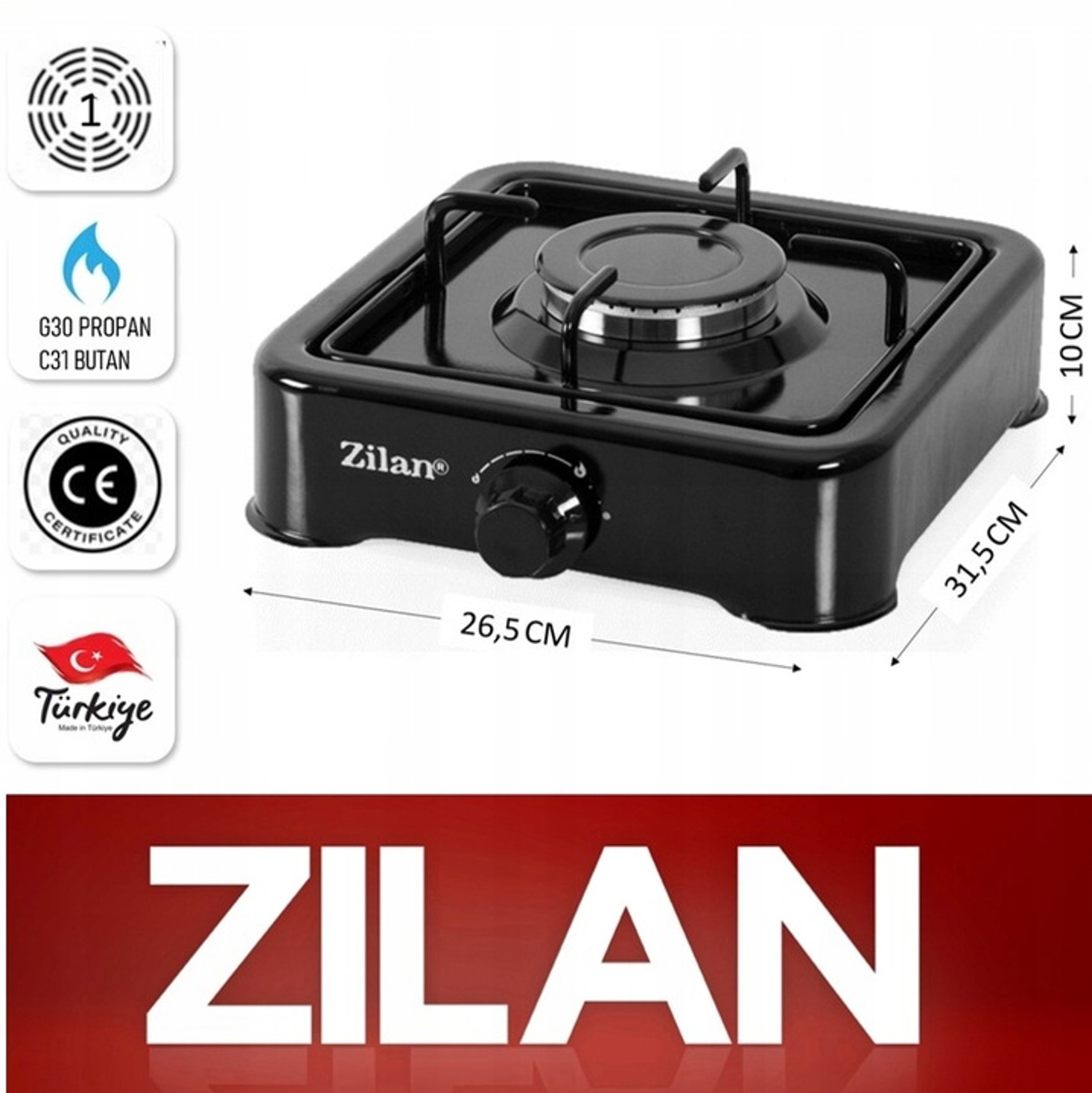 Czarna kuchenka gazowa Zilan z jednym palnikiem o wymiarach 26,5 cm x 31,5 cm x 10 cm, wraz z plakietkami certyfikacyjnymi.