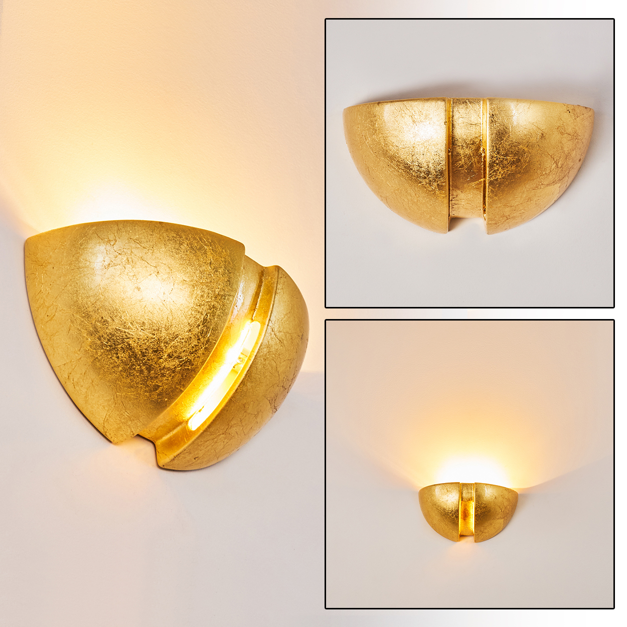 Goldene Wandleuchte in halbrunder Form mit strukturierter Oberfläche.