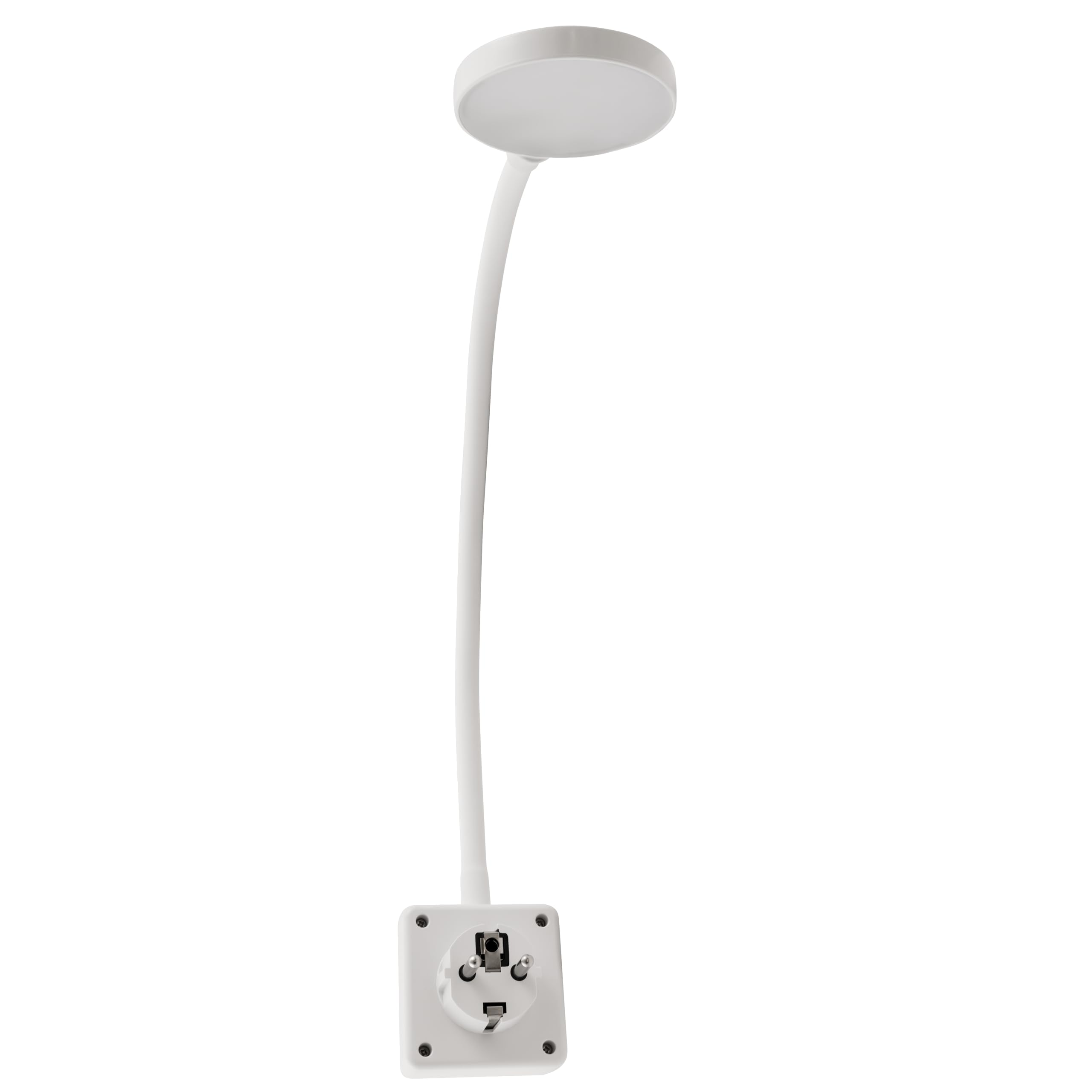 Eine weiße Schreibtischlampe mit flexiblem Arm und einem Stecker.