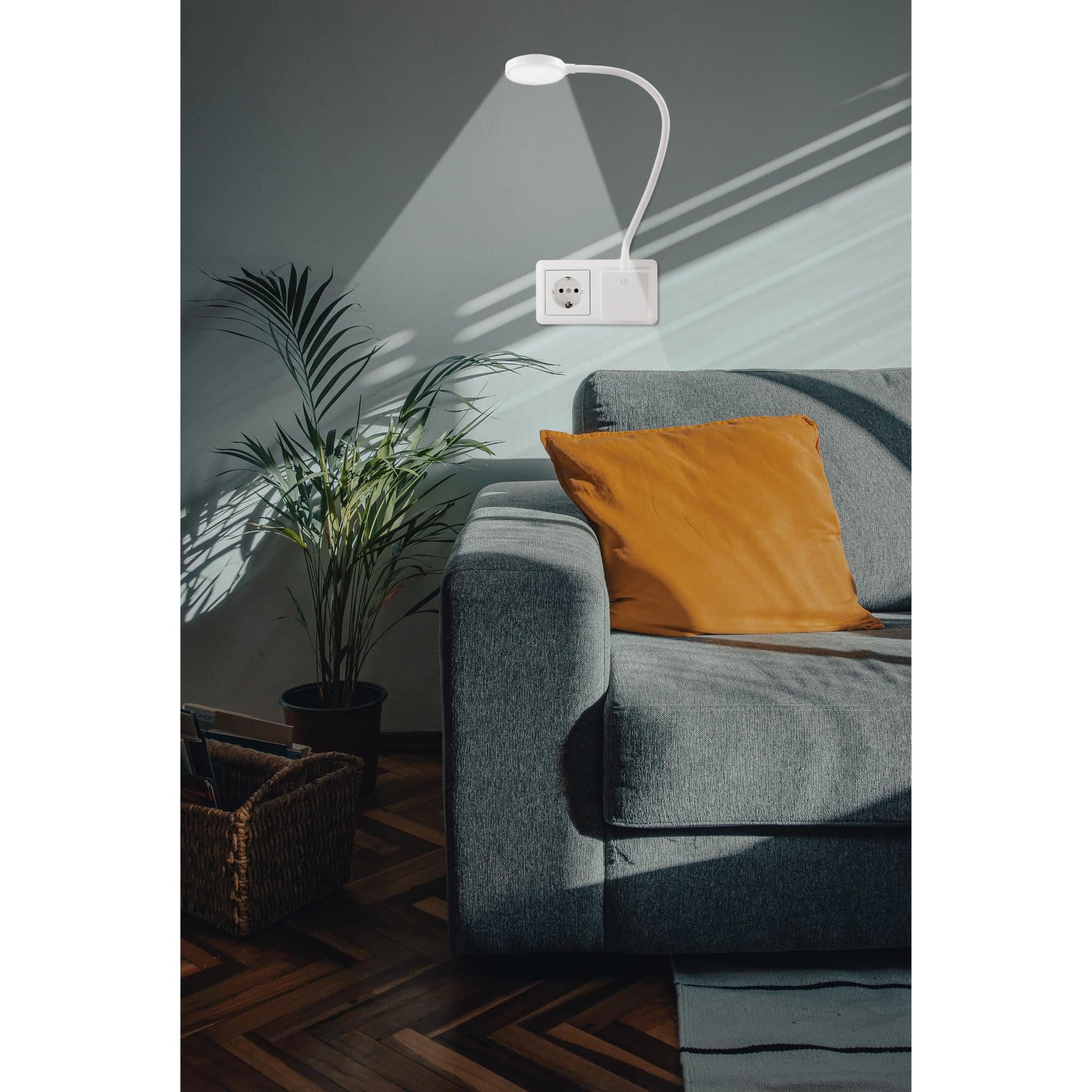 Eine Lampe mit Steckdose an einer Wand über einem Sofa mit Kissen und einer Pflanze.
