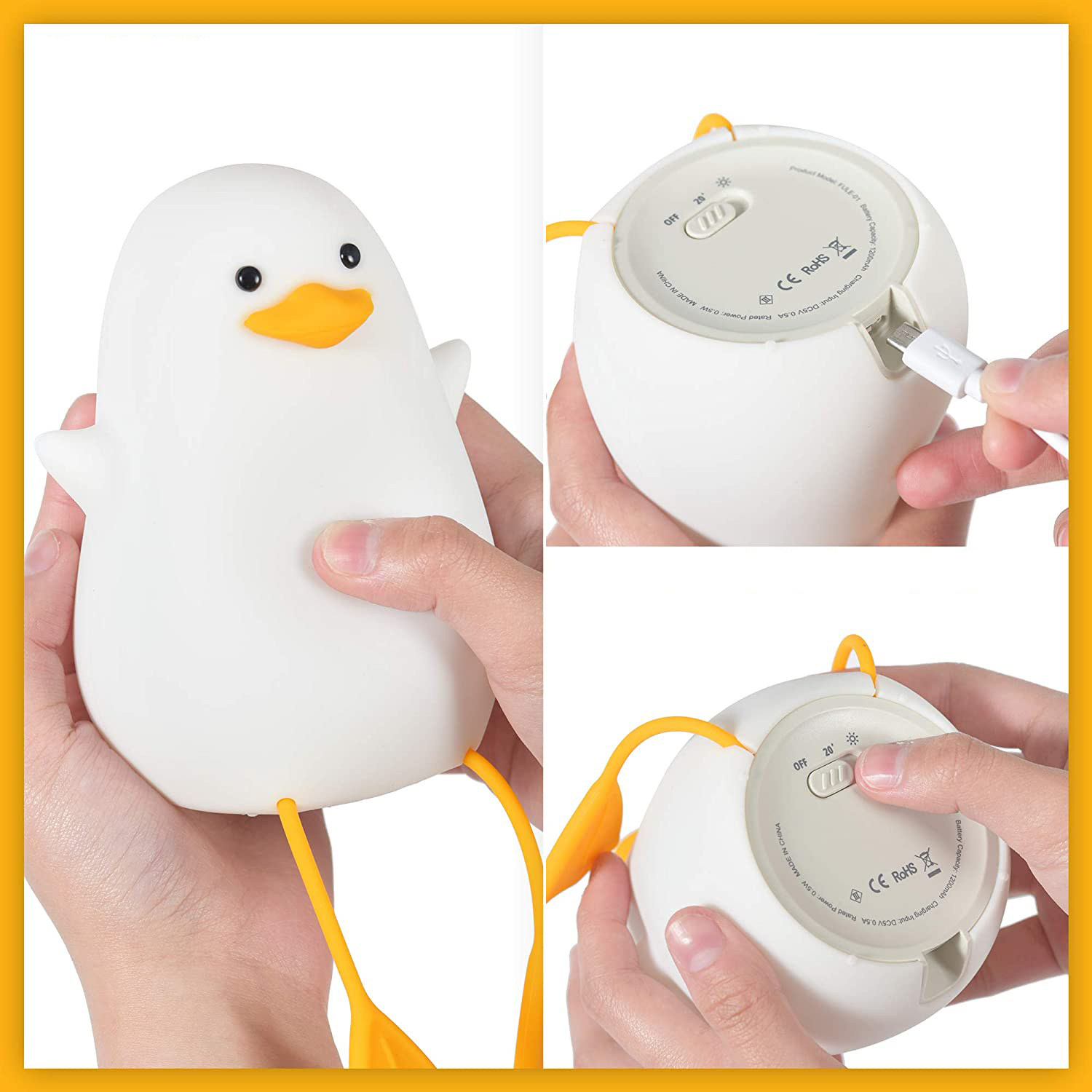 Weiße Ente Lampe wird aufgeladen, mit gelben Füßen und Schnabel.