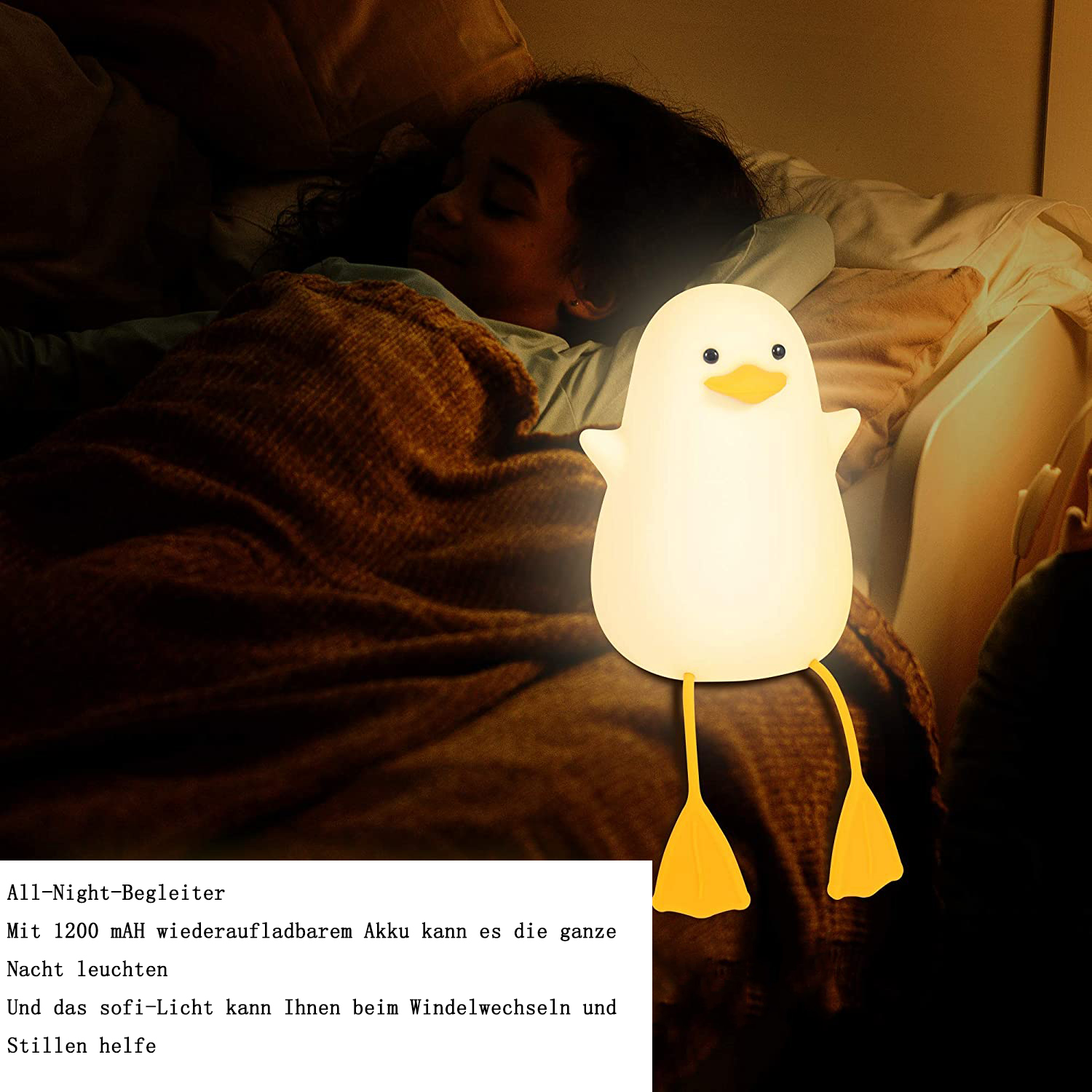 Ein süßer, leuchtender Entenkumpel neben einem schlafenden Kind.