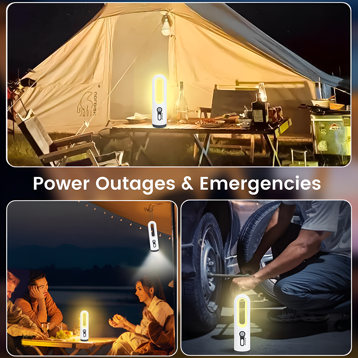 Campingzelt bei Nacht mit Lampen, Leute beim Essen und Autoreifenwechsel.