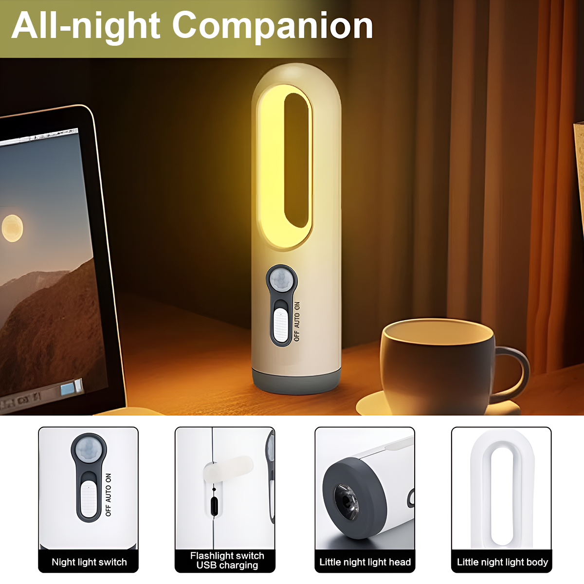 Ein Nachttisch mit Lampe, Laptop und Tasse. Nahaufnahmen zeigen Schalter und Körper.