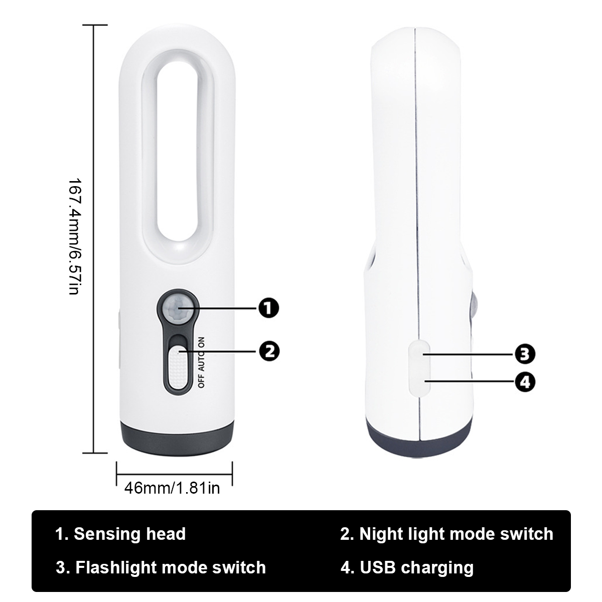 Ein weißes Gerät mit Beschriftungen: 1. Sensor, 2. Nachtlichtschalter, 3. Taschenlampenschalter, 4. USB-Ladeanschluss.