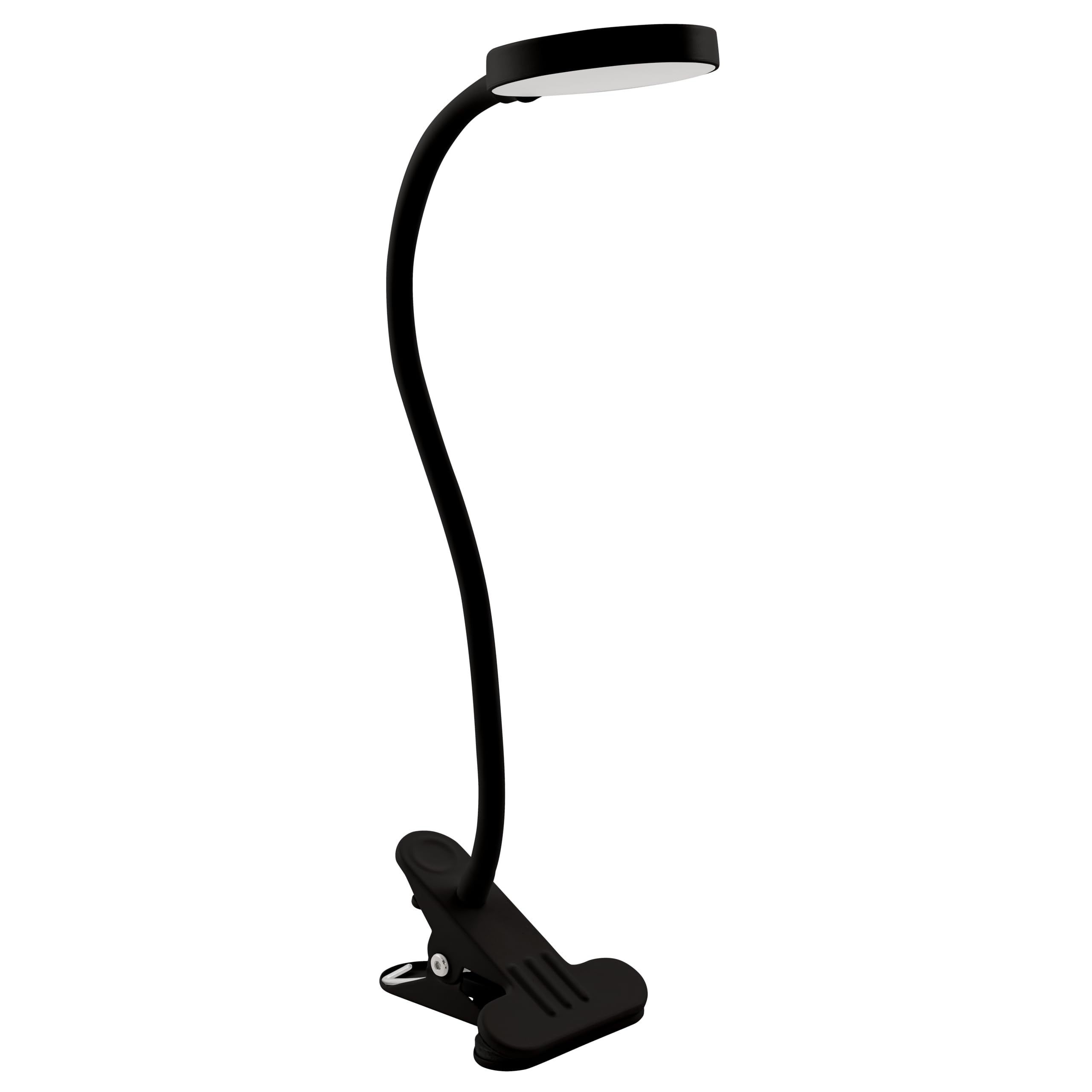 Eine schwarze Klemmleuchte mit einem flexiblen Hals und ovalem Lampenkopf.