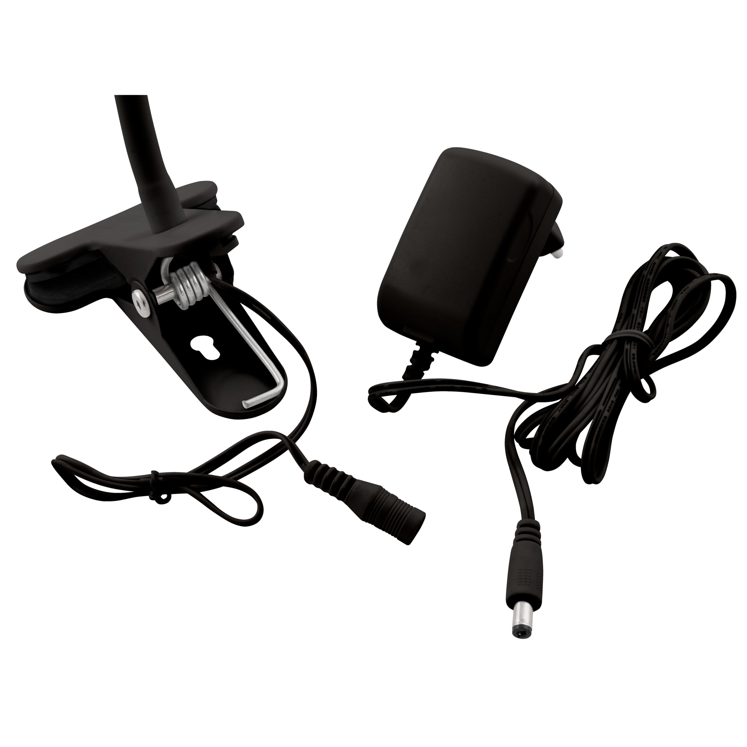 Schwarzes Netzteil mit Kabel und Klemmenhalterung.