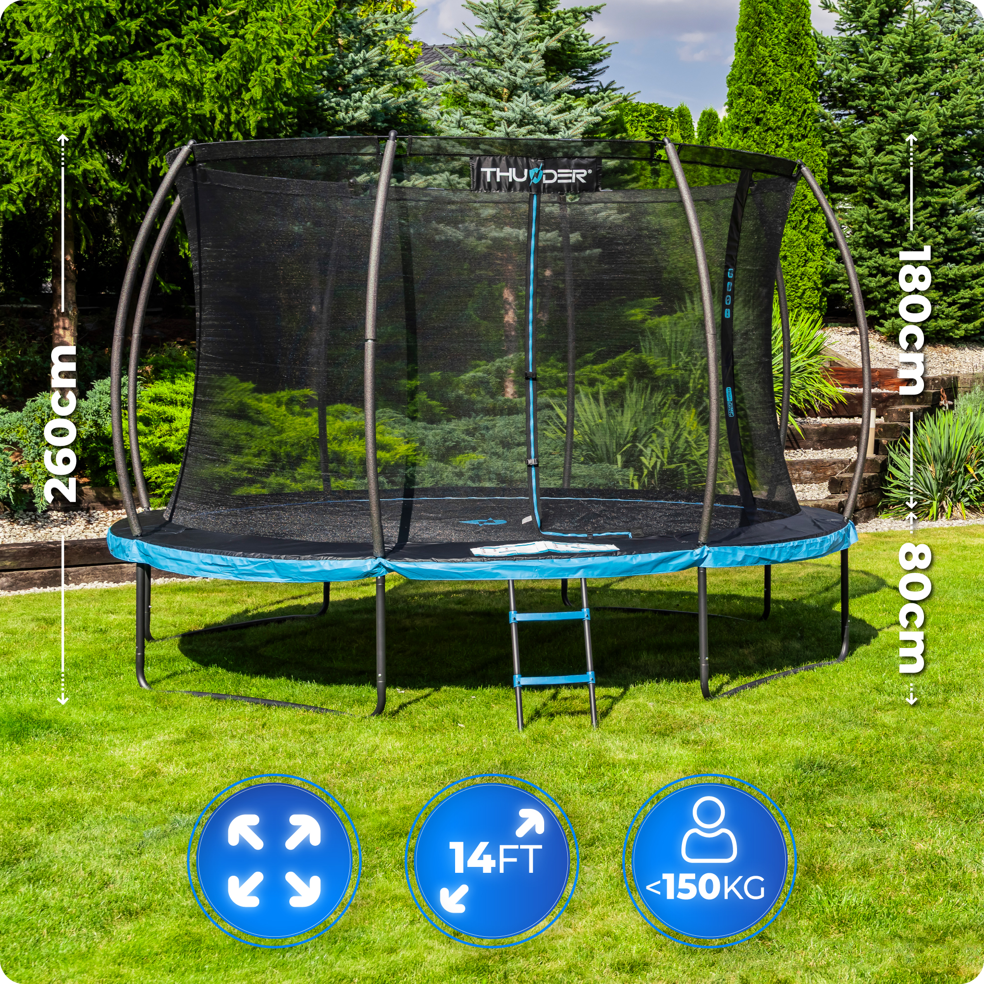 Trampolina z siatką ochronną i drabiną w ogrodzie. Wymiary 260x180x80cm, 14ft, maks. 150kg.