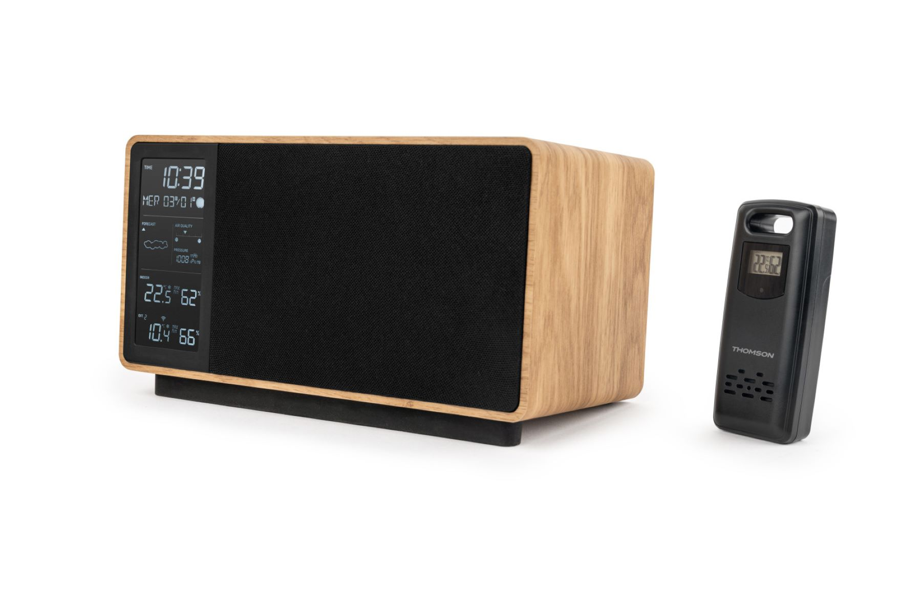 Drewniane radio z wyświetlaczem i czarny czujnik pogody obok.