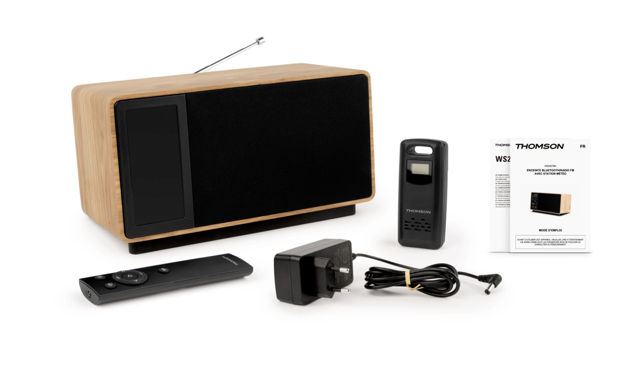 Drewniane radio z pilotem, zasilaczem i instrukcją.