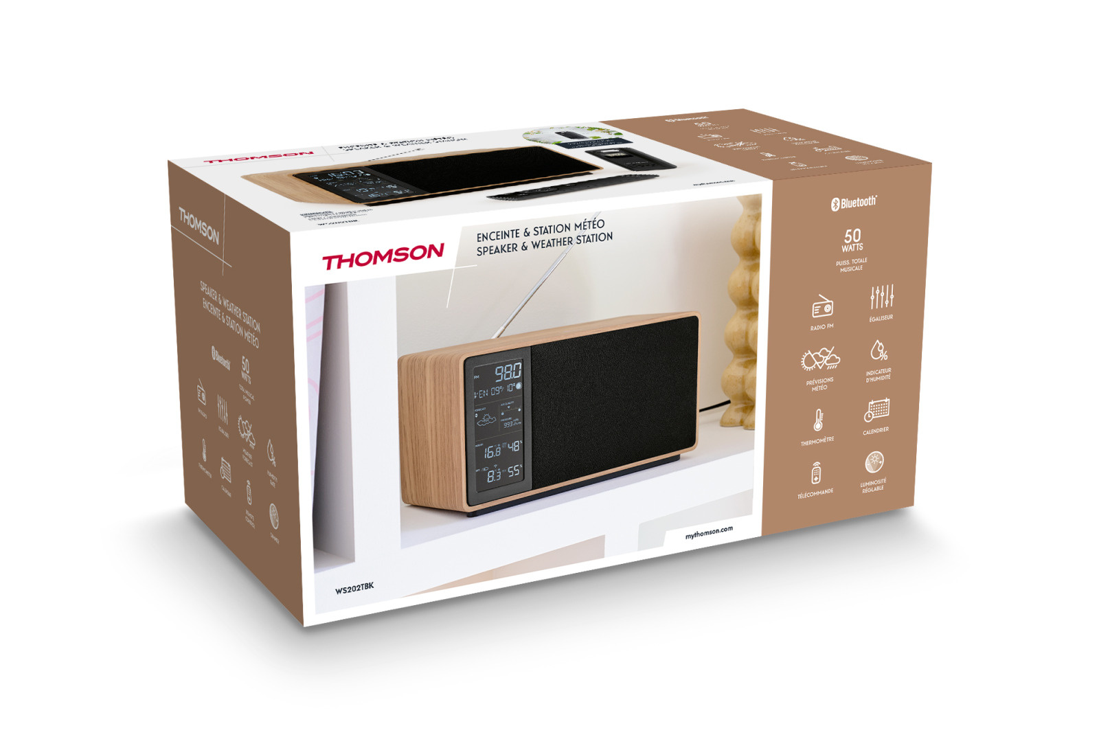 Głośnik i stacja pogodowa Thomson, drewniany design, Bluetooth, 50W, radio.