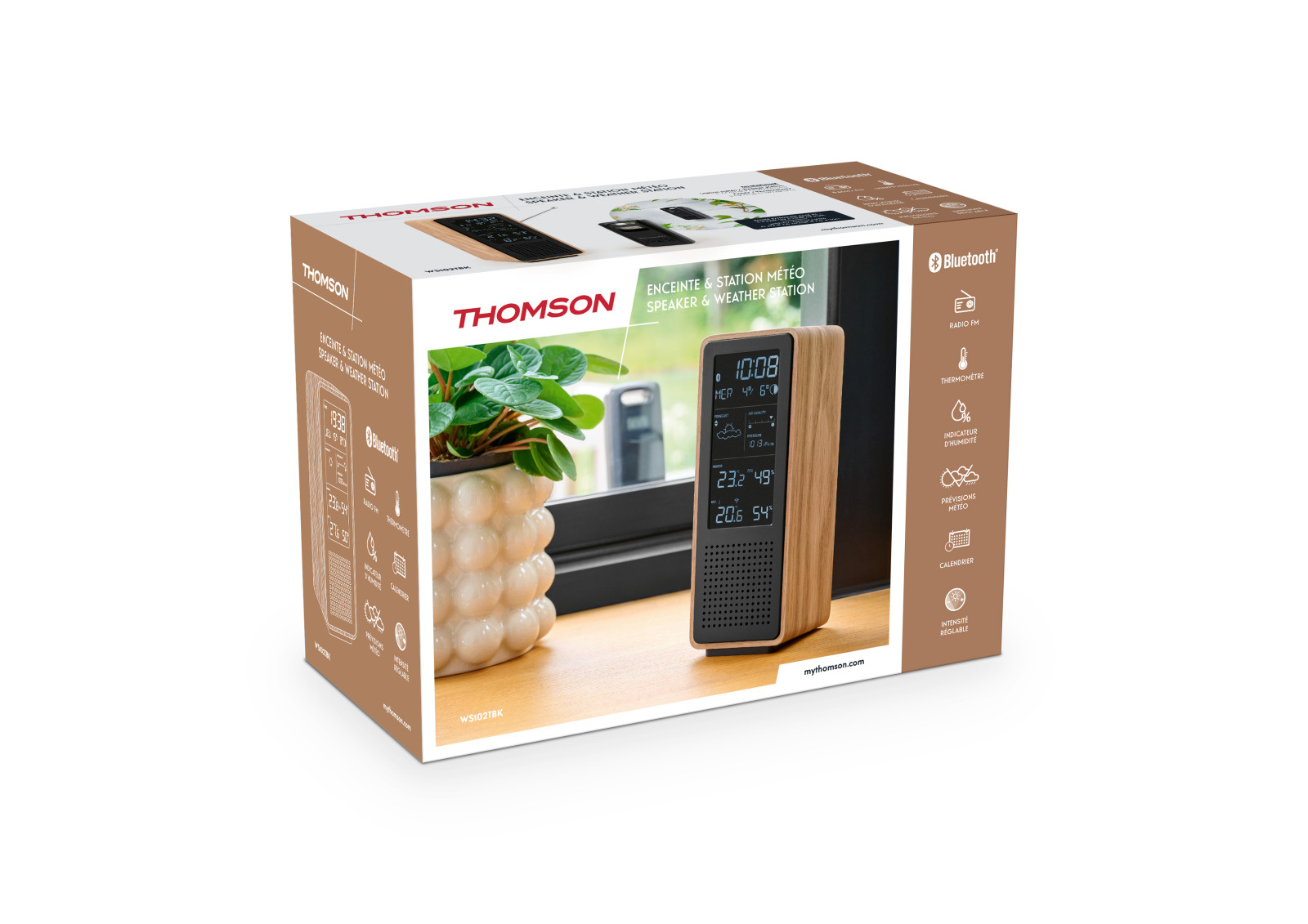 Głośnik Thomson ze stacją pogodową, drewniany design, wyświetla czas i pogodę.