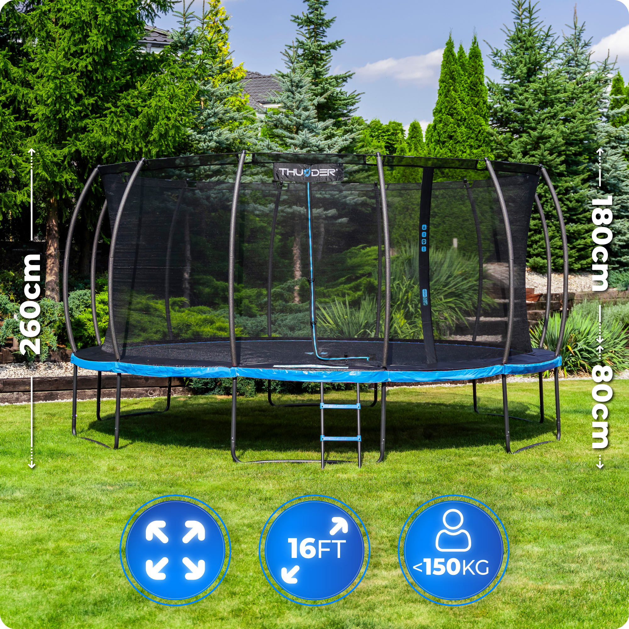 Duża trampolina z siatką zabezpieczającą w ogrodzie, 16 stóp, 260cm.