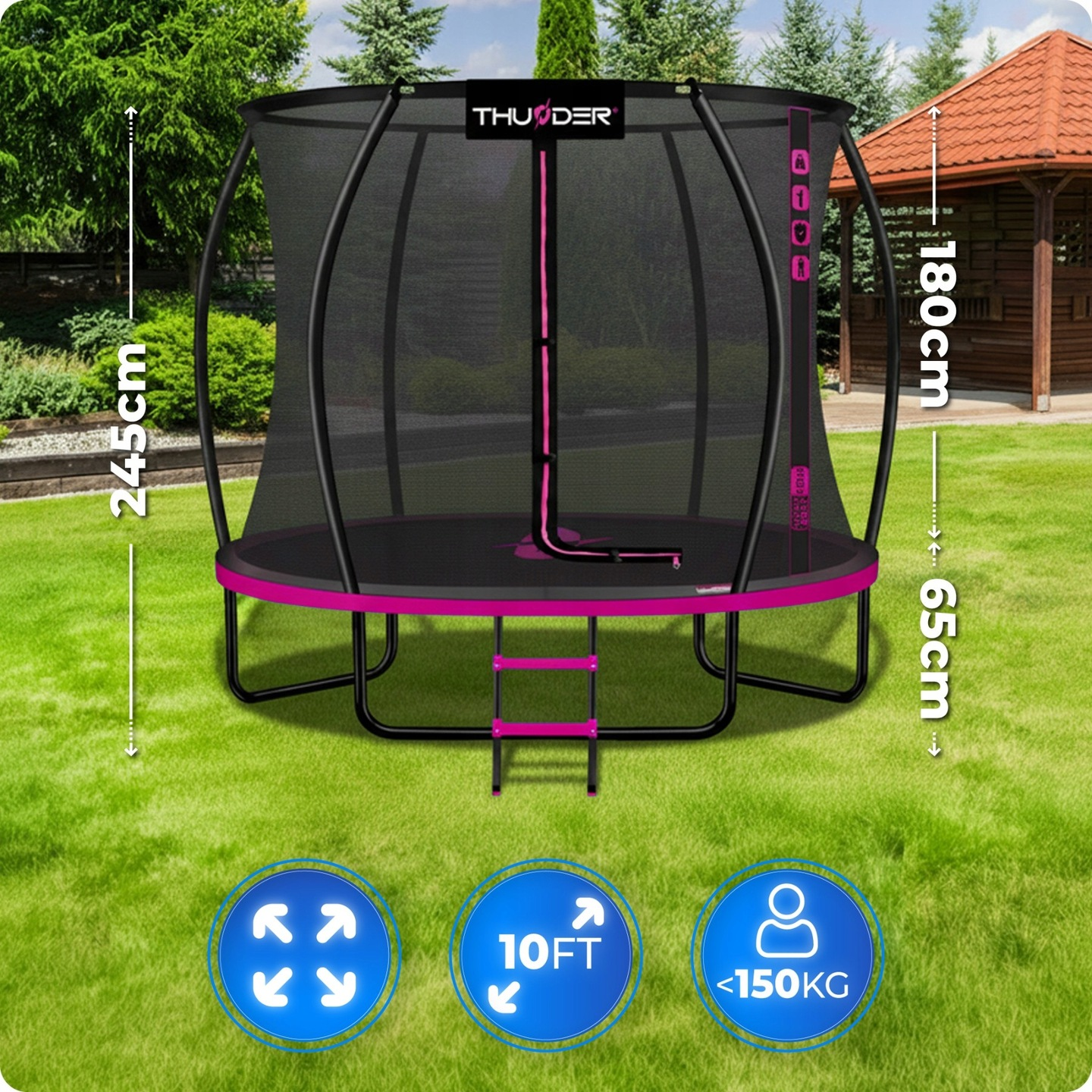 Trampolina z siatką zabezpieczającą i drabiną w ogrodzie. Wymiary 245x180cm, 10 stóp, maks. 150kg.
