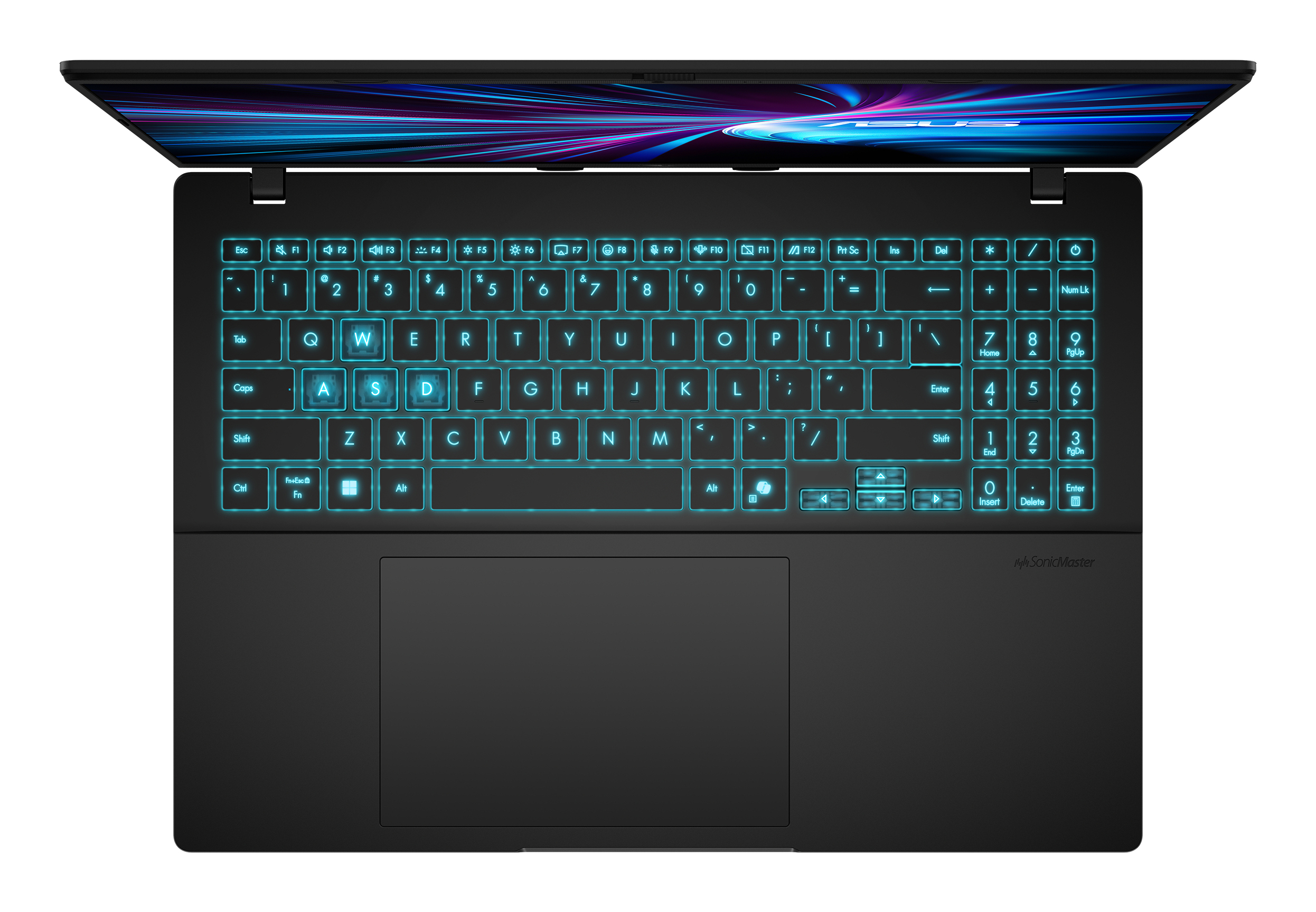 Un laptop nero aperto con tastiera retroilluminata e schermo colorato.