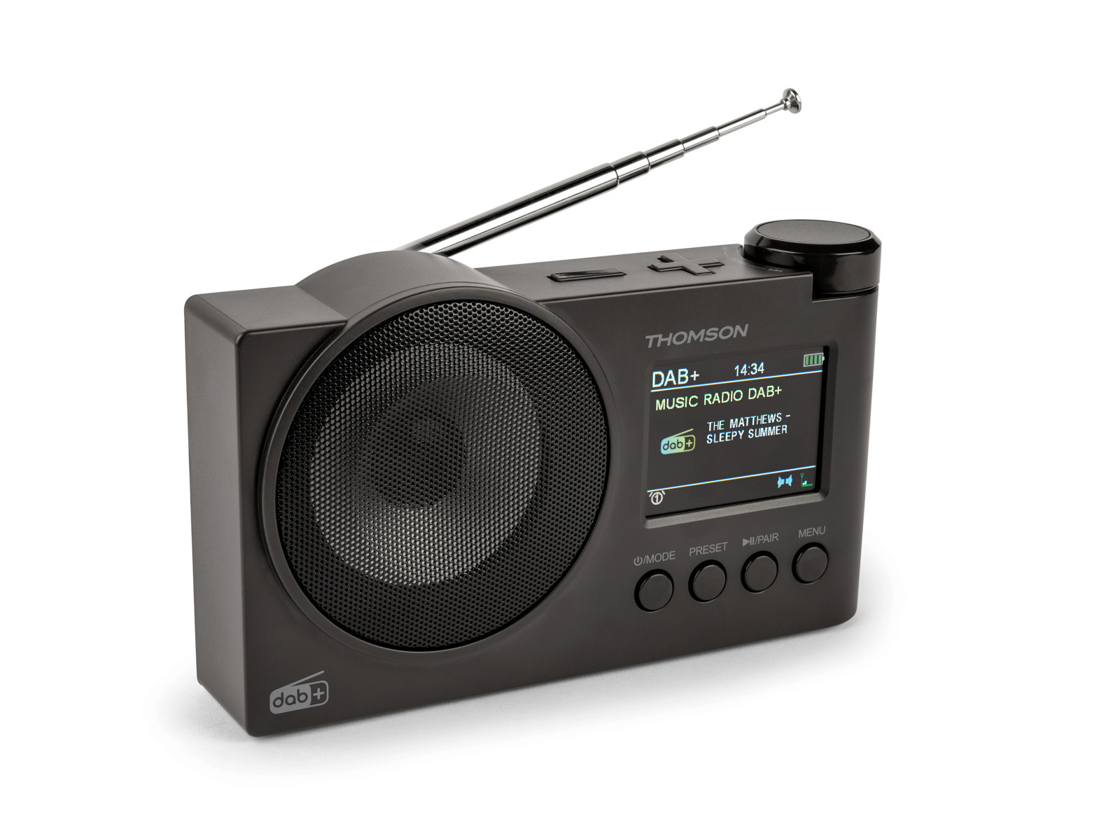 Czarno-radio Thomson DAB+ z wysuniętą anteną.