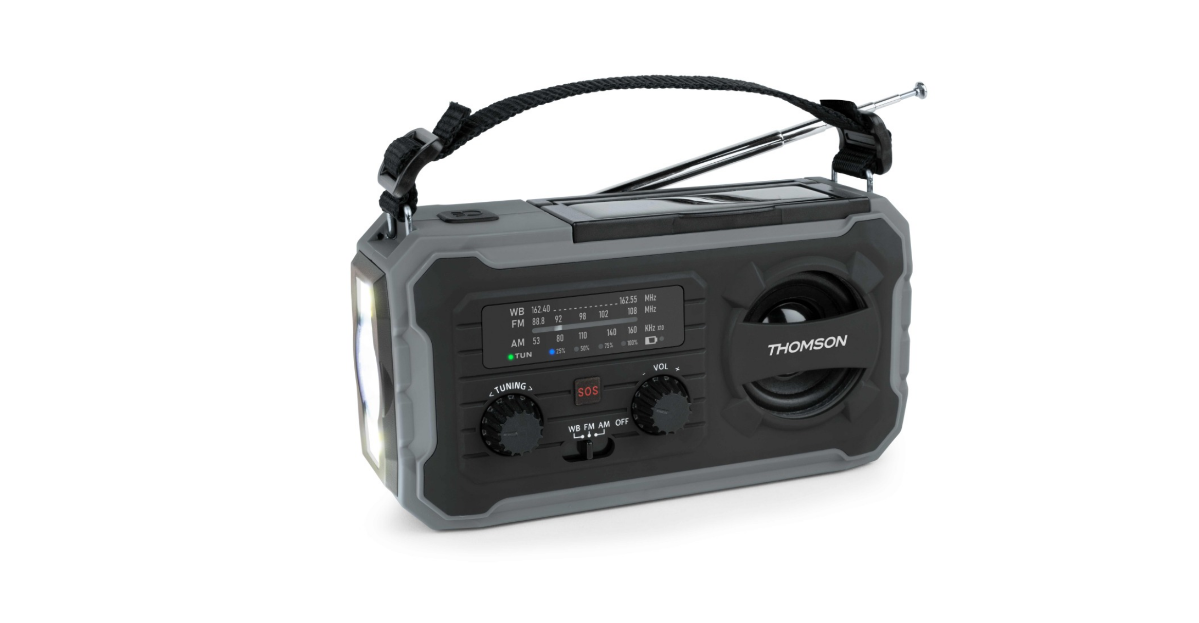 Szaro-czarne radio awaryjne Thomson z korbą, panelem słonecznym, latarką i anteną.