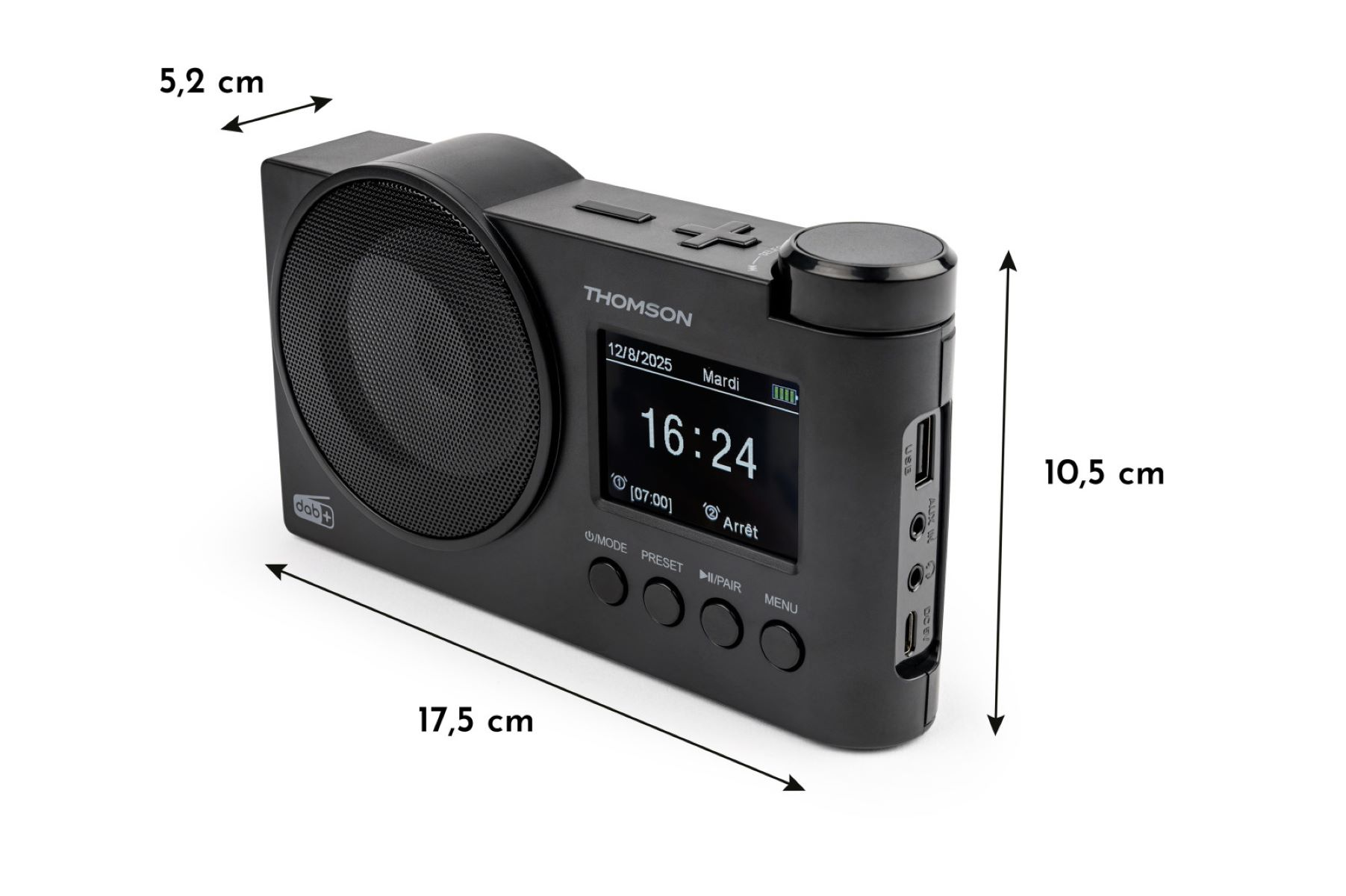 Czarno-białe radio THOMSON DAB+ z ekranem pokazującym 16:24.