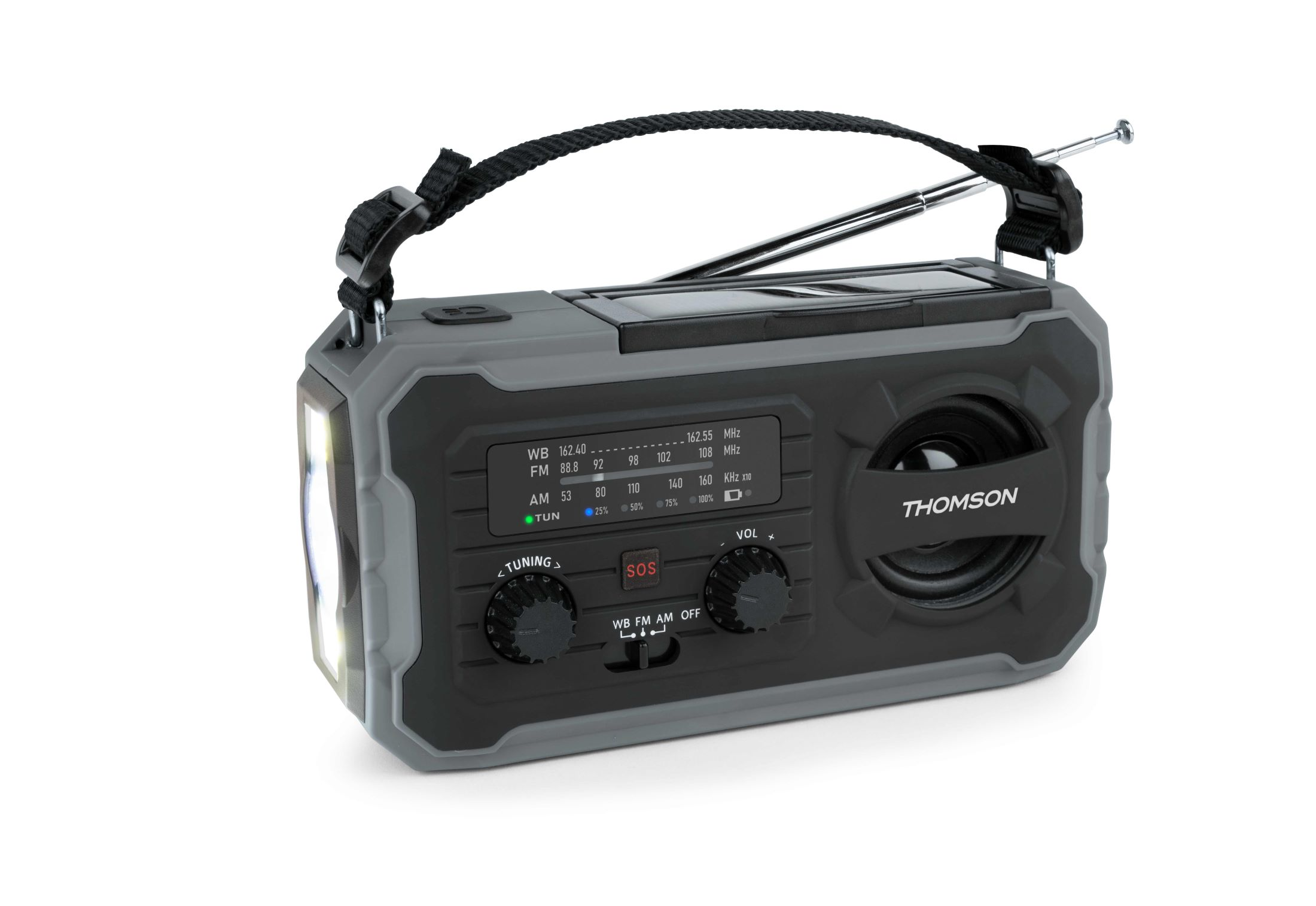 Szaro-czarne radio awaryjne z korbą, panelem słonecznym, światłem LED i anteną.