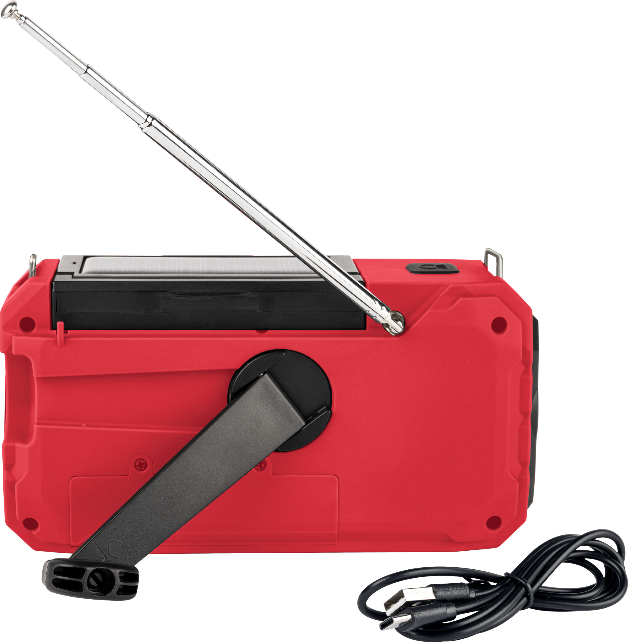 Radio a manovella rossa con antenna estensibile, pannello solare e cavo USB.
