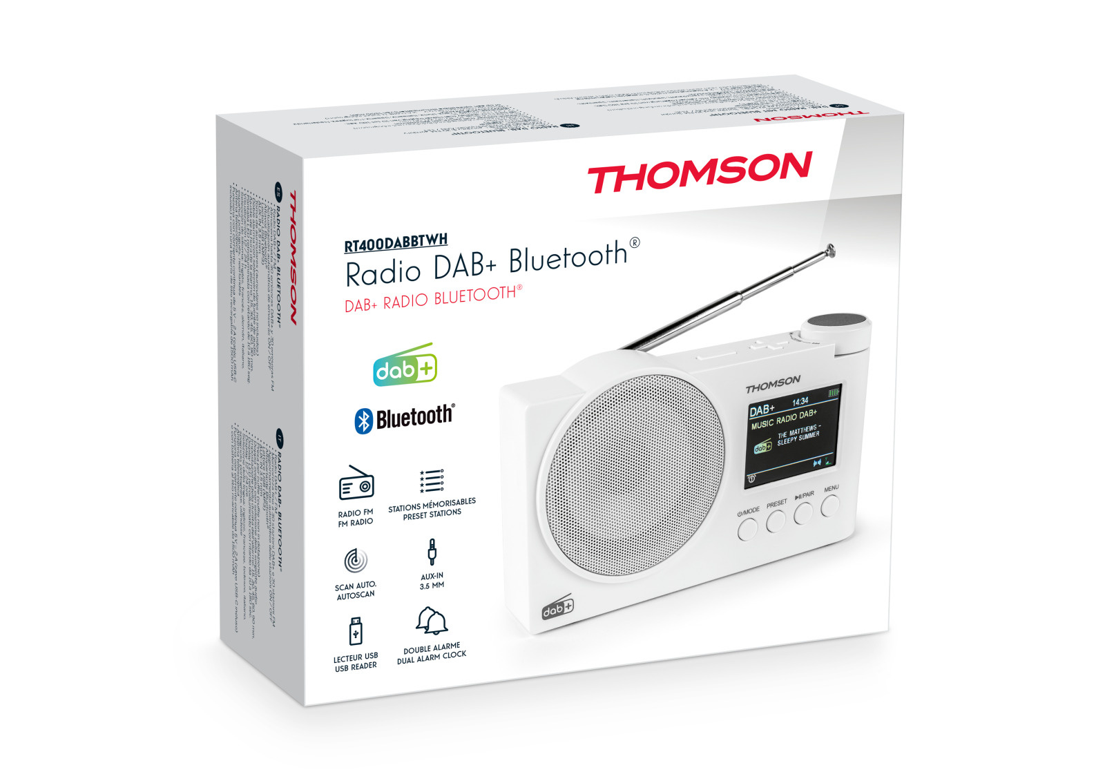 Białe opakowanie Thomson DAB+ Bluetooth z radiem przedstawionym na pudełku.