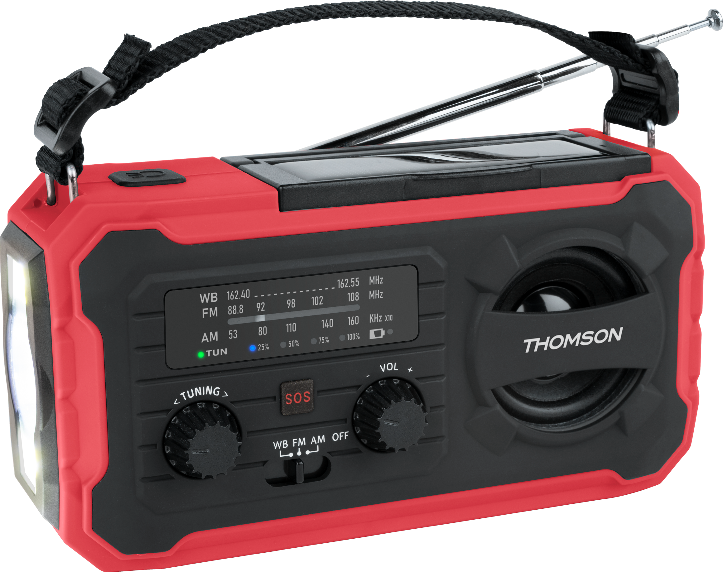 Radio Thomson rossa con pannello solare, torcia e antenna. Controlli visibili.