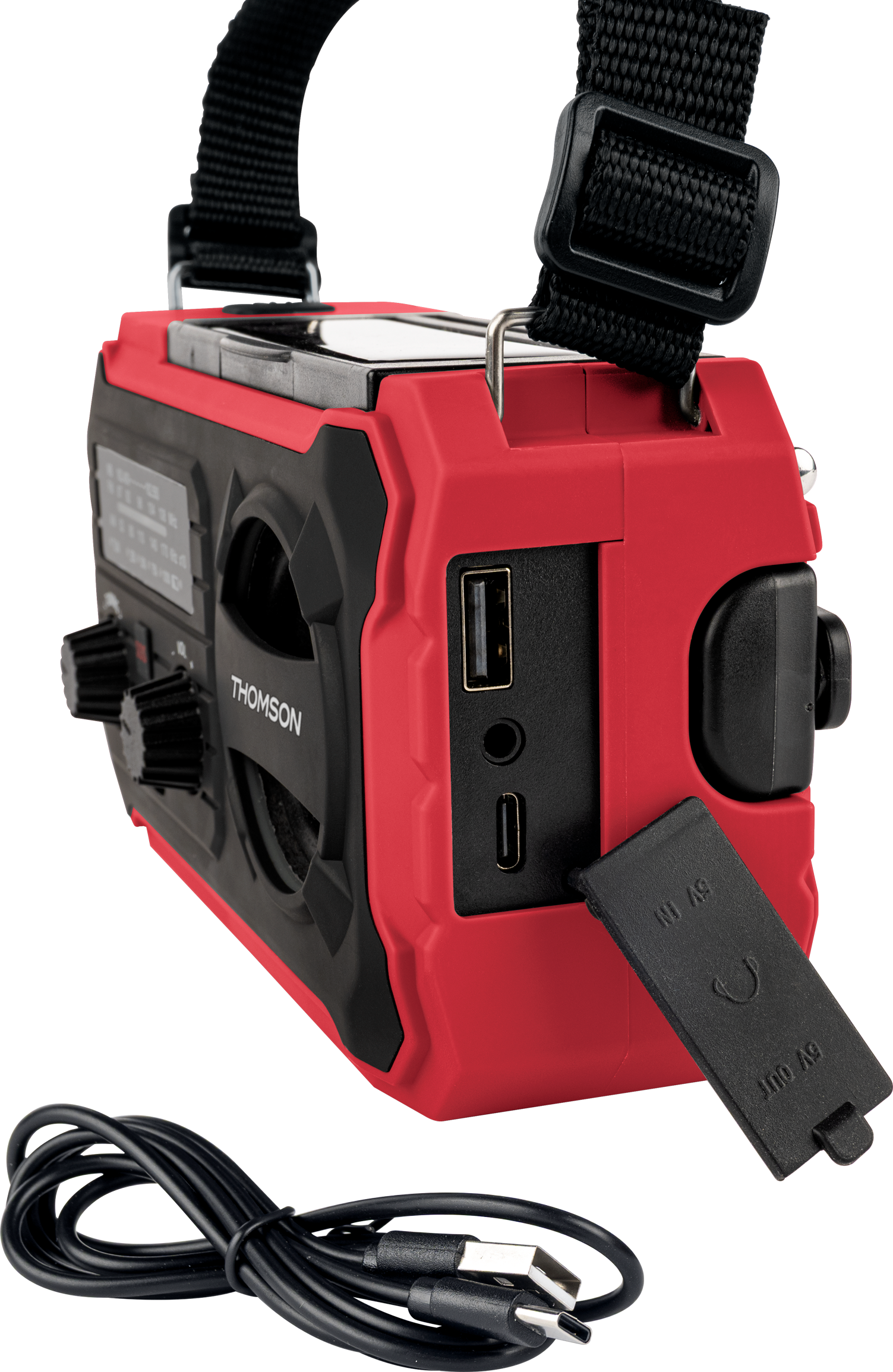 Radio Thomson rossa con porte USB e cavo di ricarica nero.