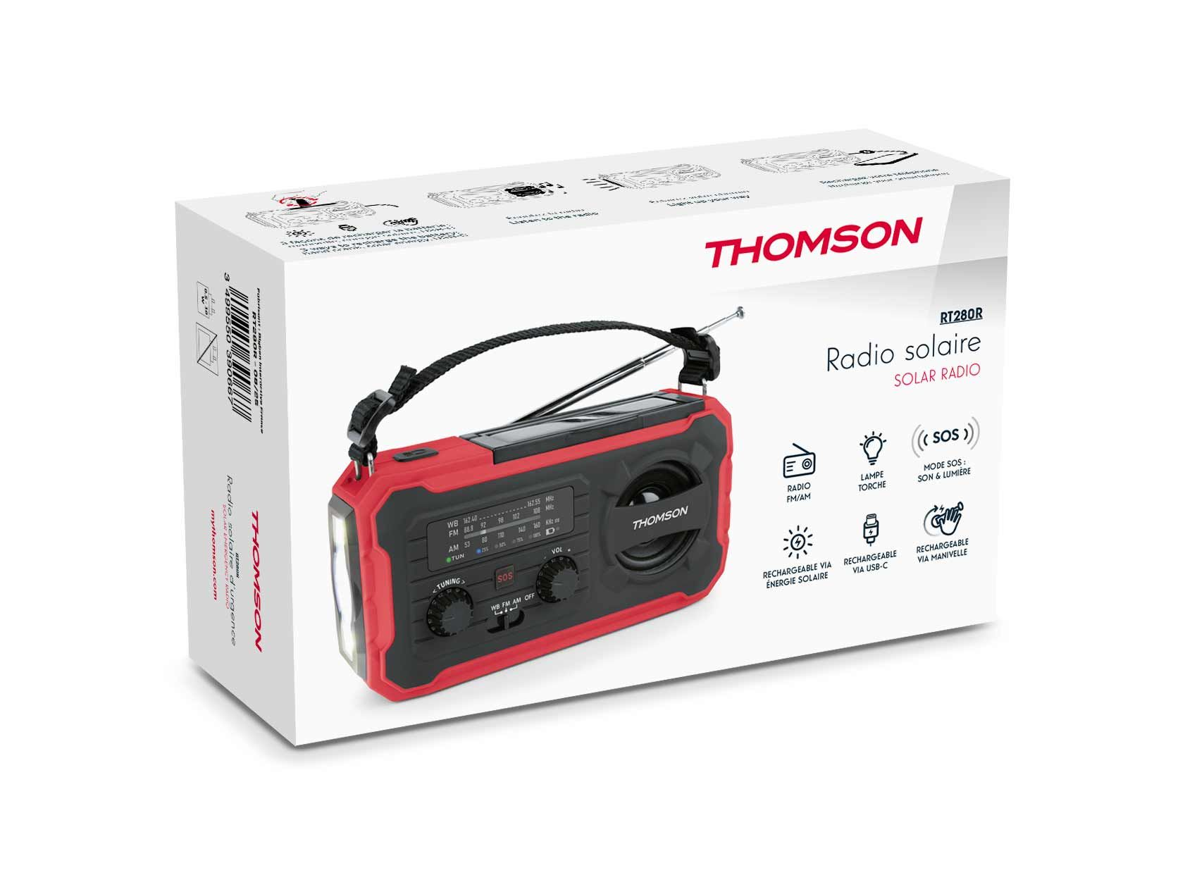 Radio solare Thomson rossa con FM/AM, torcia, funzione SOS e manovella.