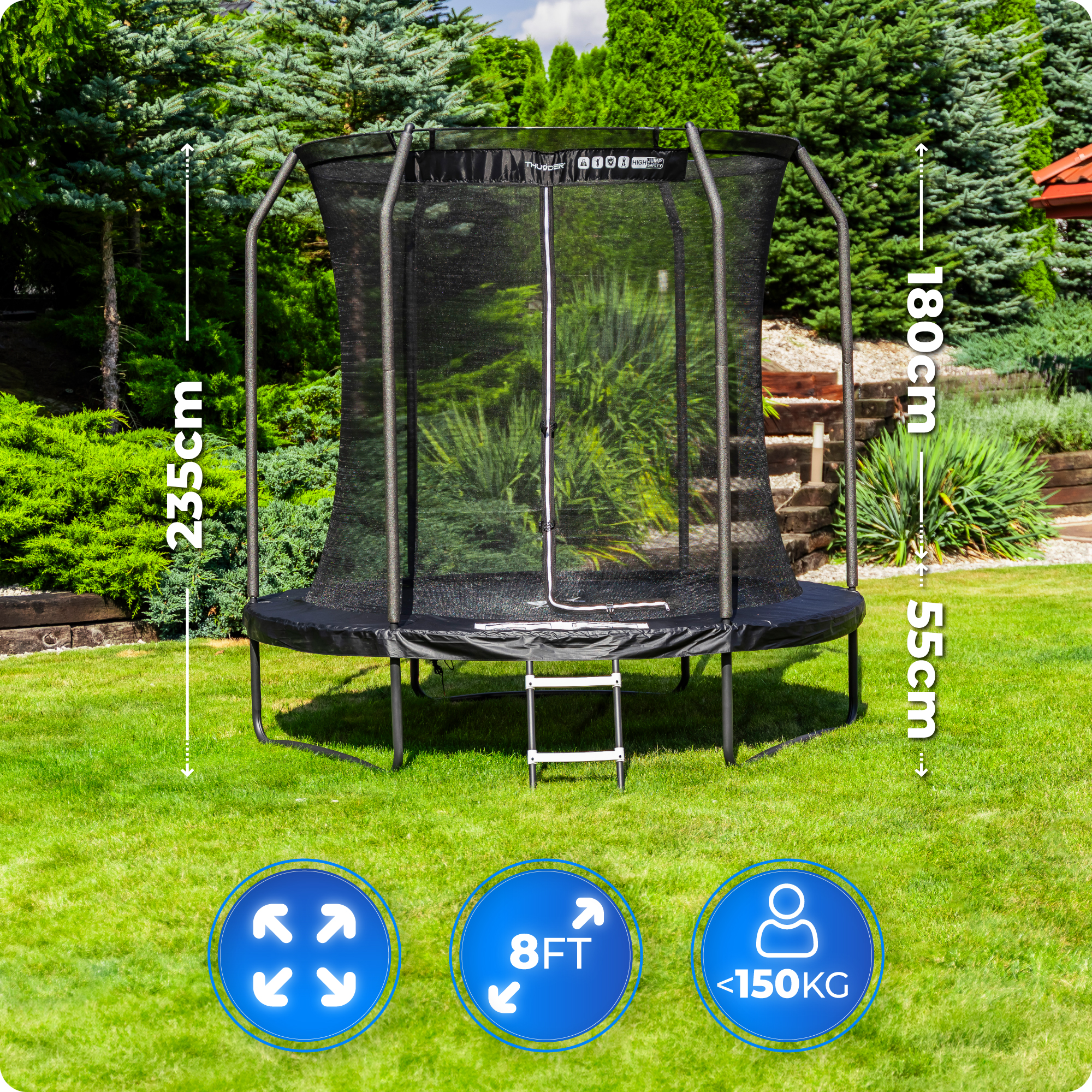 Trampolina w ogrodzie, wys. 235cm, średn. 180cm, mata 55cm.