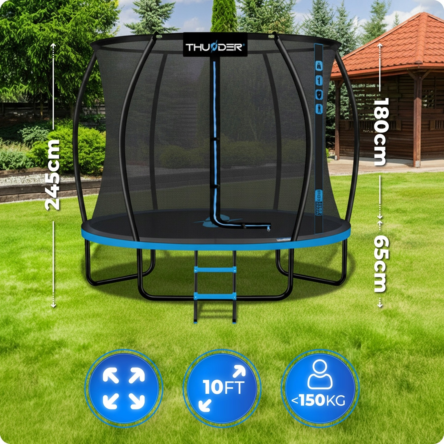 Trampolina z siatką zabezpieczającą i drabiną w ogrodzie, 10 stóp, 180cm.