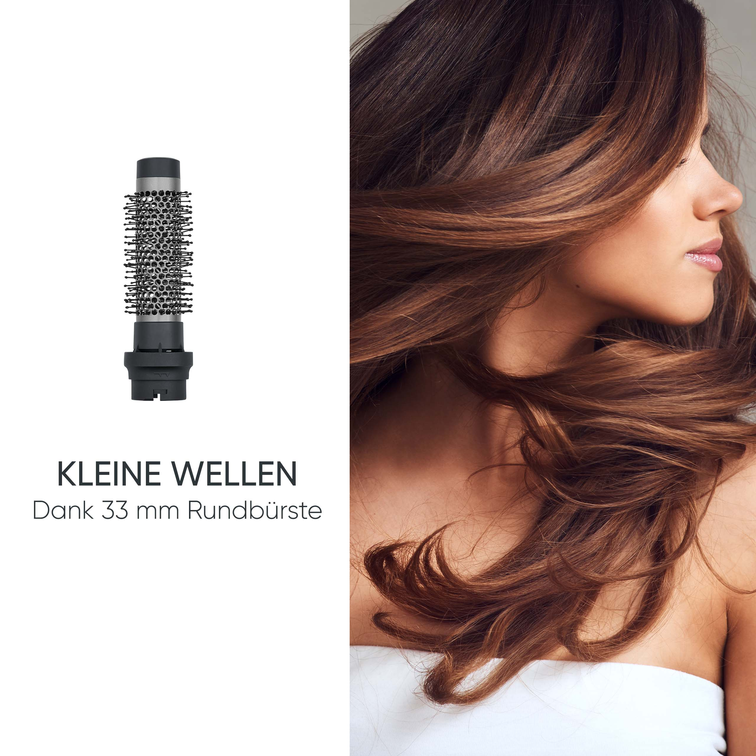 Okrągła szczotka z czarnym włosiem i srebrnym cylindrem obok włosów kobiety.