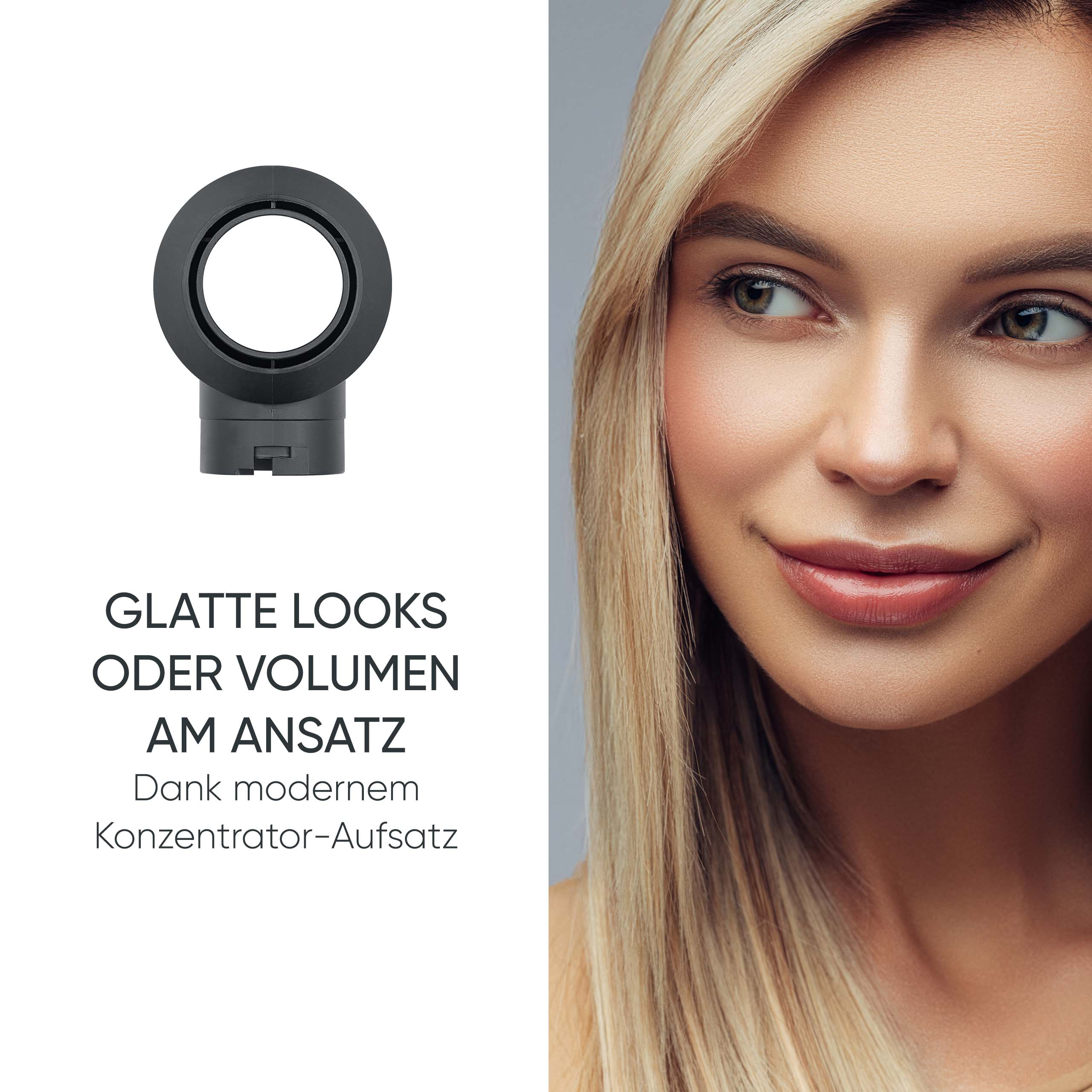 Czarny dyfuzor obok portretu blondynki.