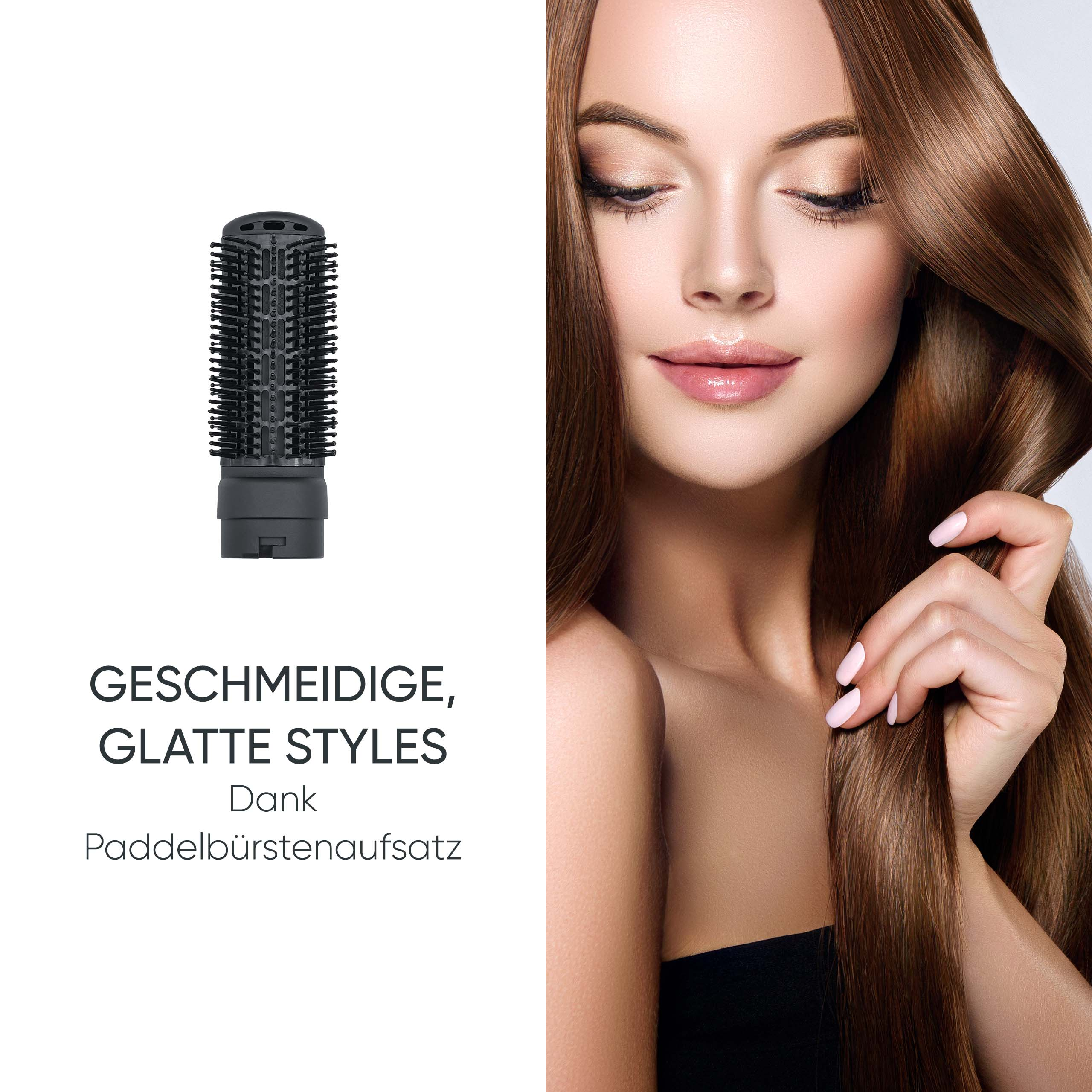 Czarna szczotka płaska obok kobiety z długimi, brązowymi włosami.