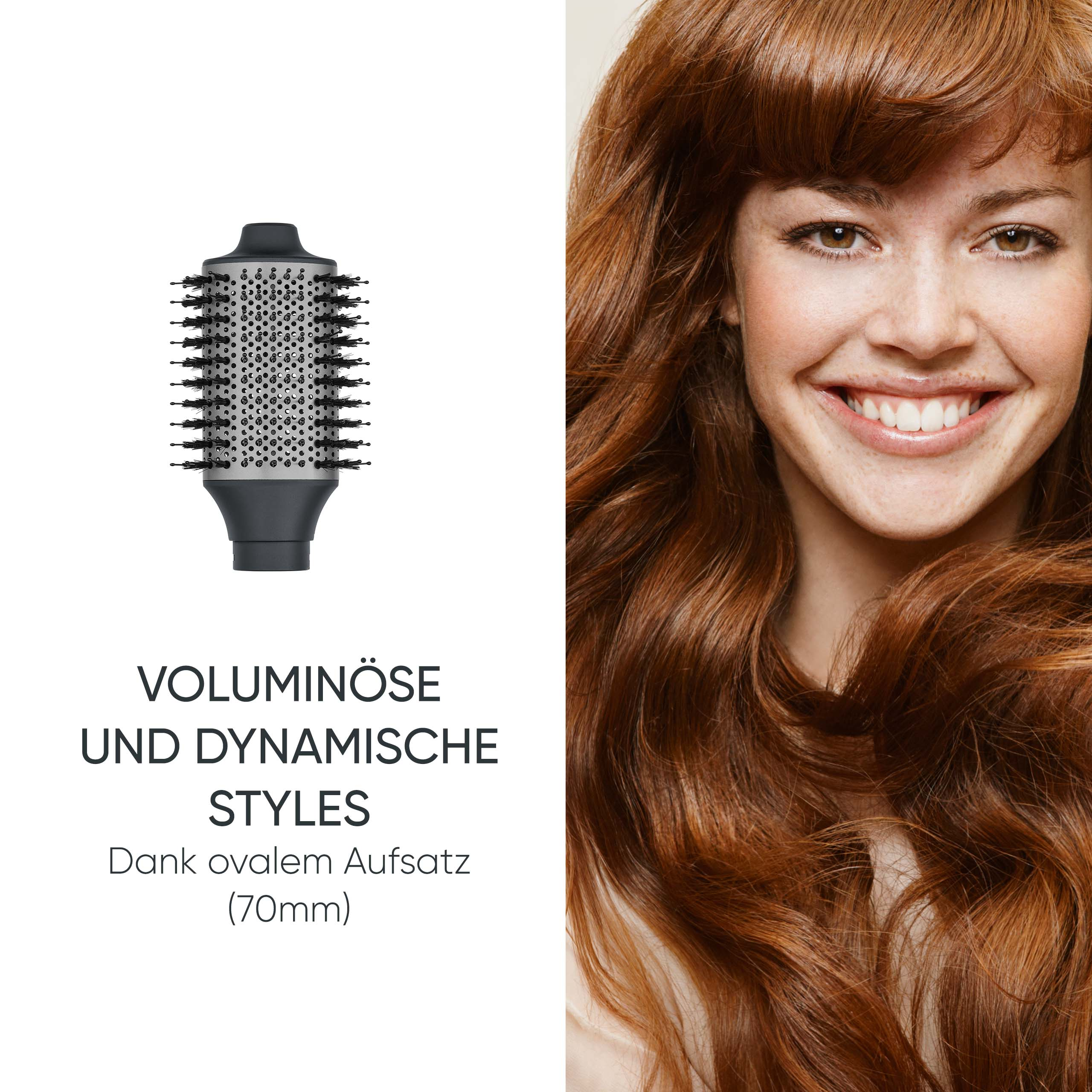 Szczotka do suszarki do włosów i kobieta z rudymi włosami.