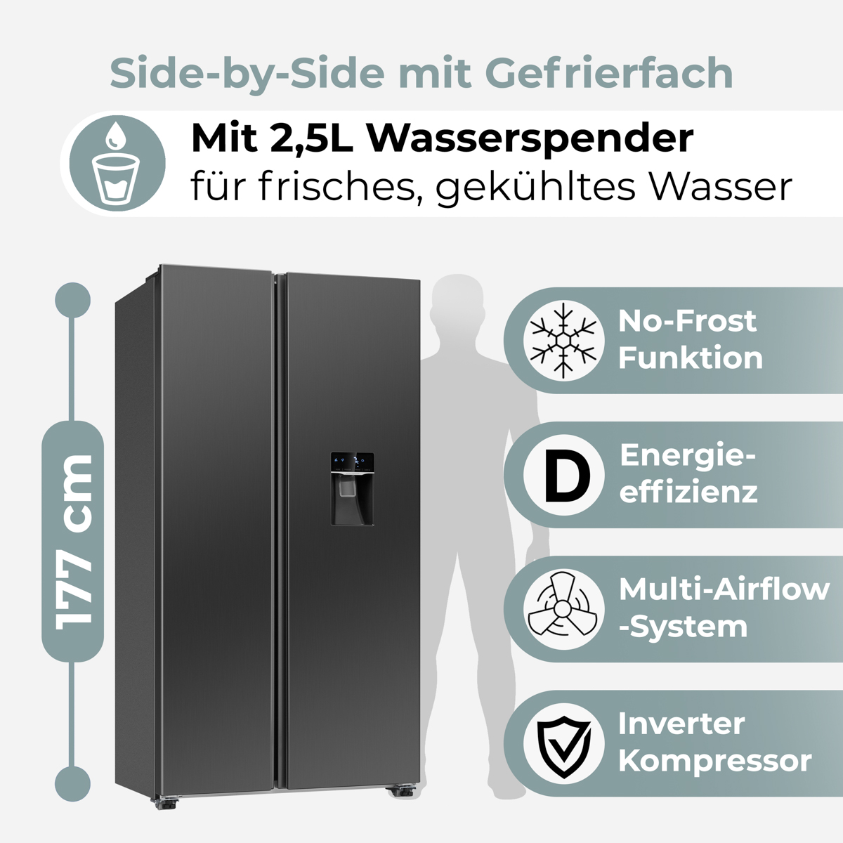 Schwarzer Side-by-Side-Kühlschrank mit Wasserspender, 177 cm hoch.